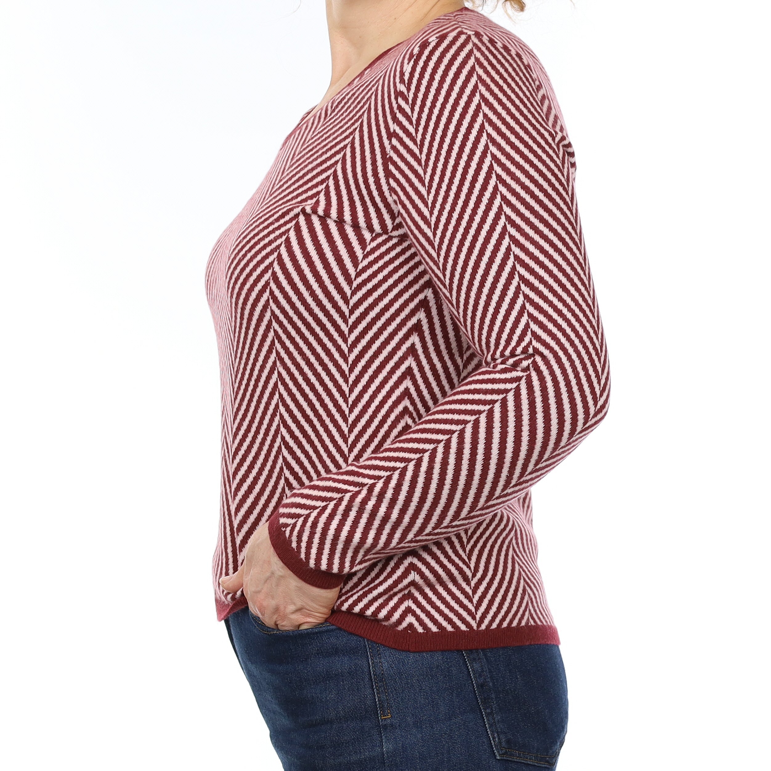 Wine Red Herringbone Cashmere V Neck Jumper Medium