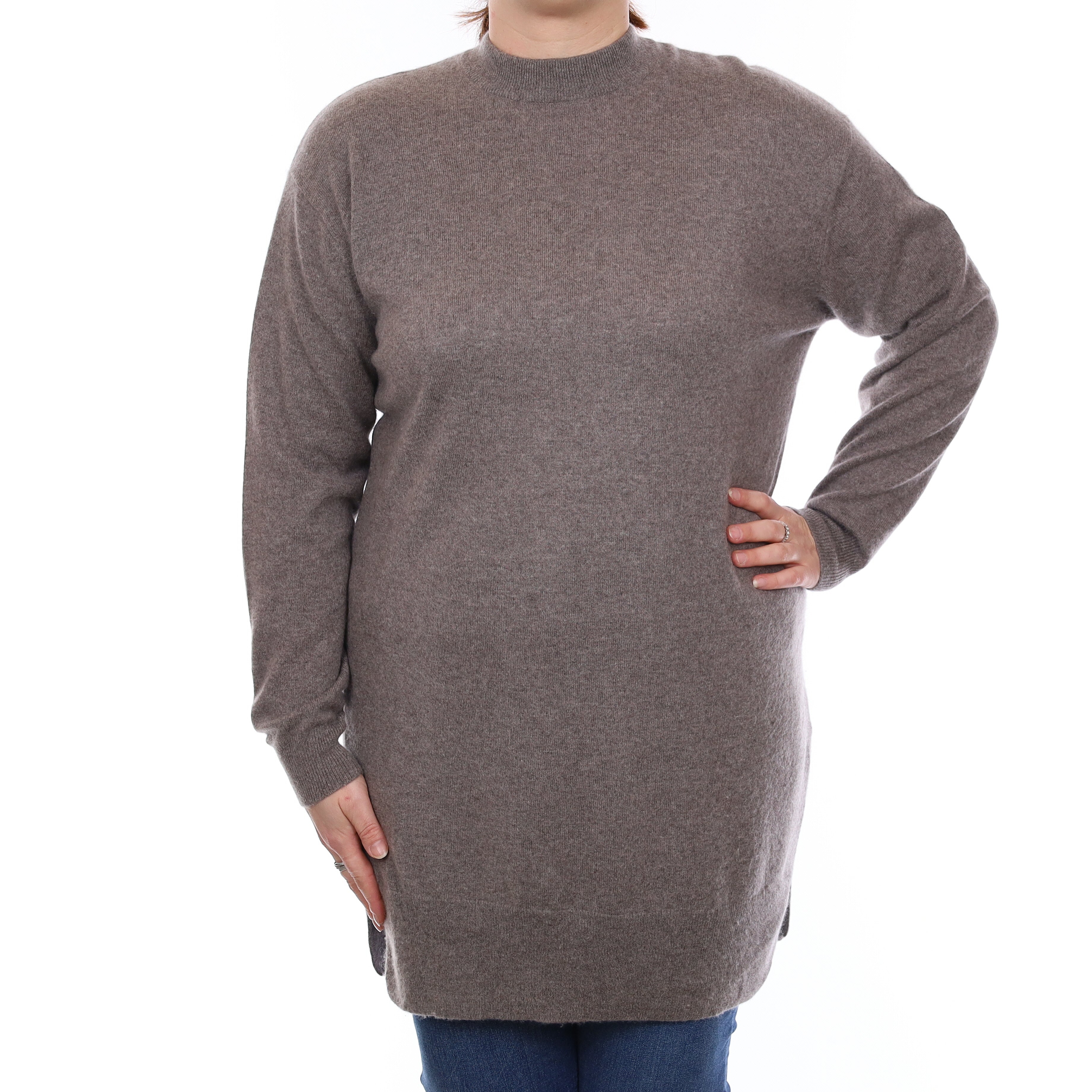 Taupe Brown Cashmere Longline Crew Neck Jumper Large