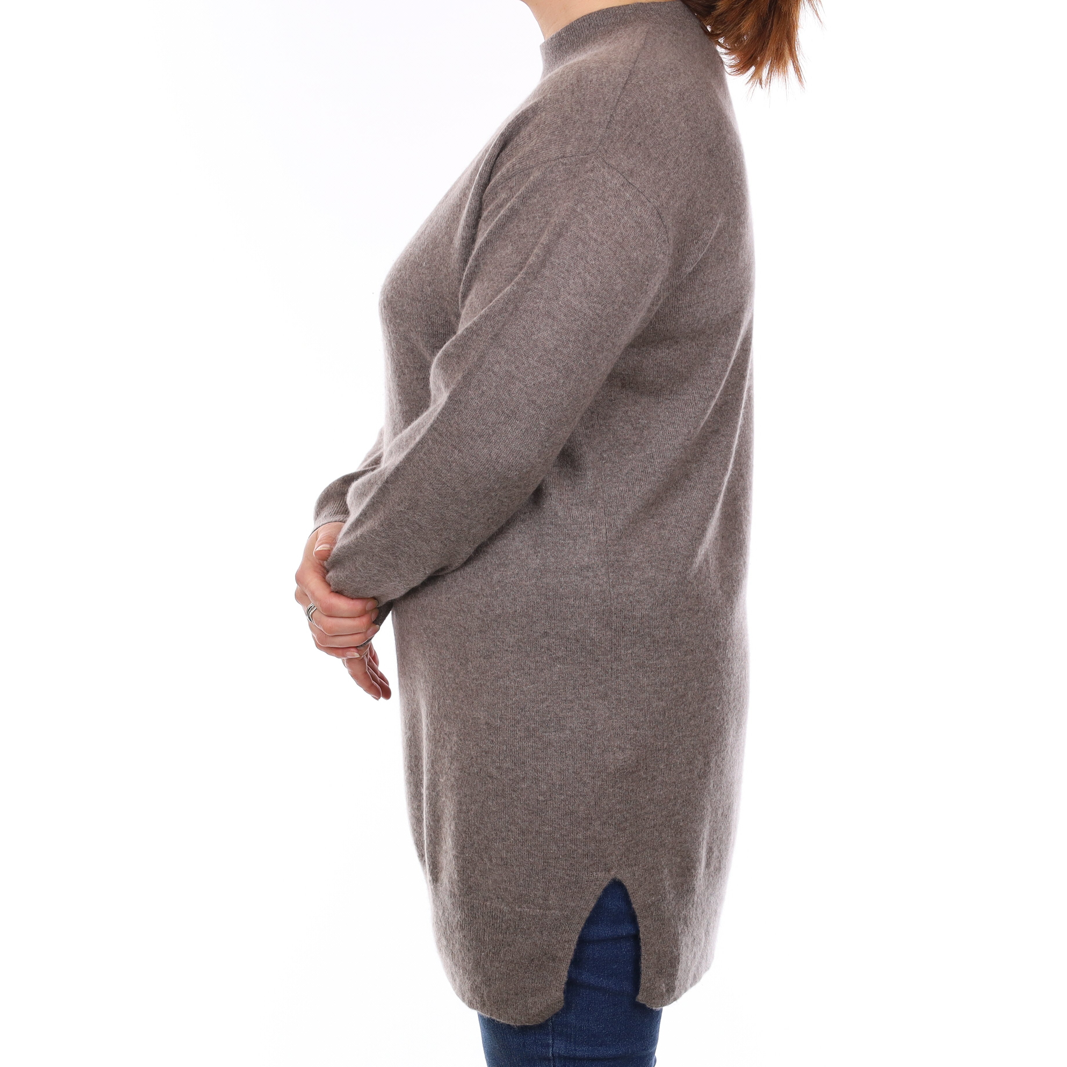 Taupe Brown Cashmere Longline Crew Neck Jumper Large