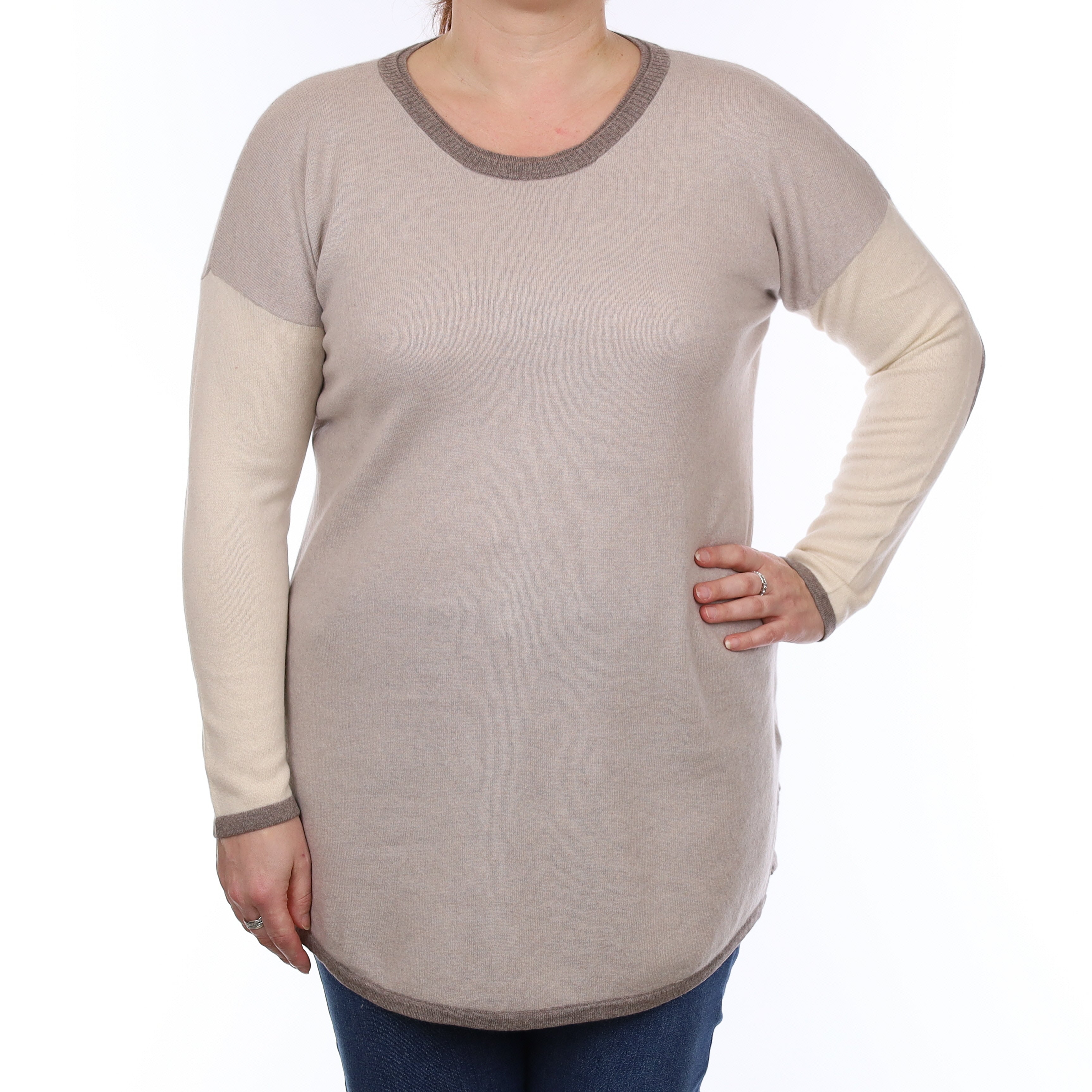 Mist Grey and Ivory Cashmere Crew Neck Jumper Large