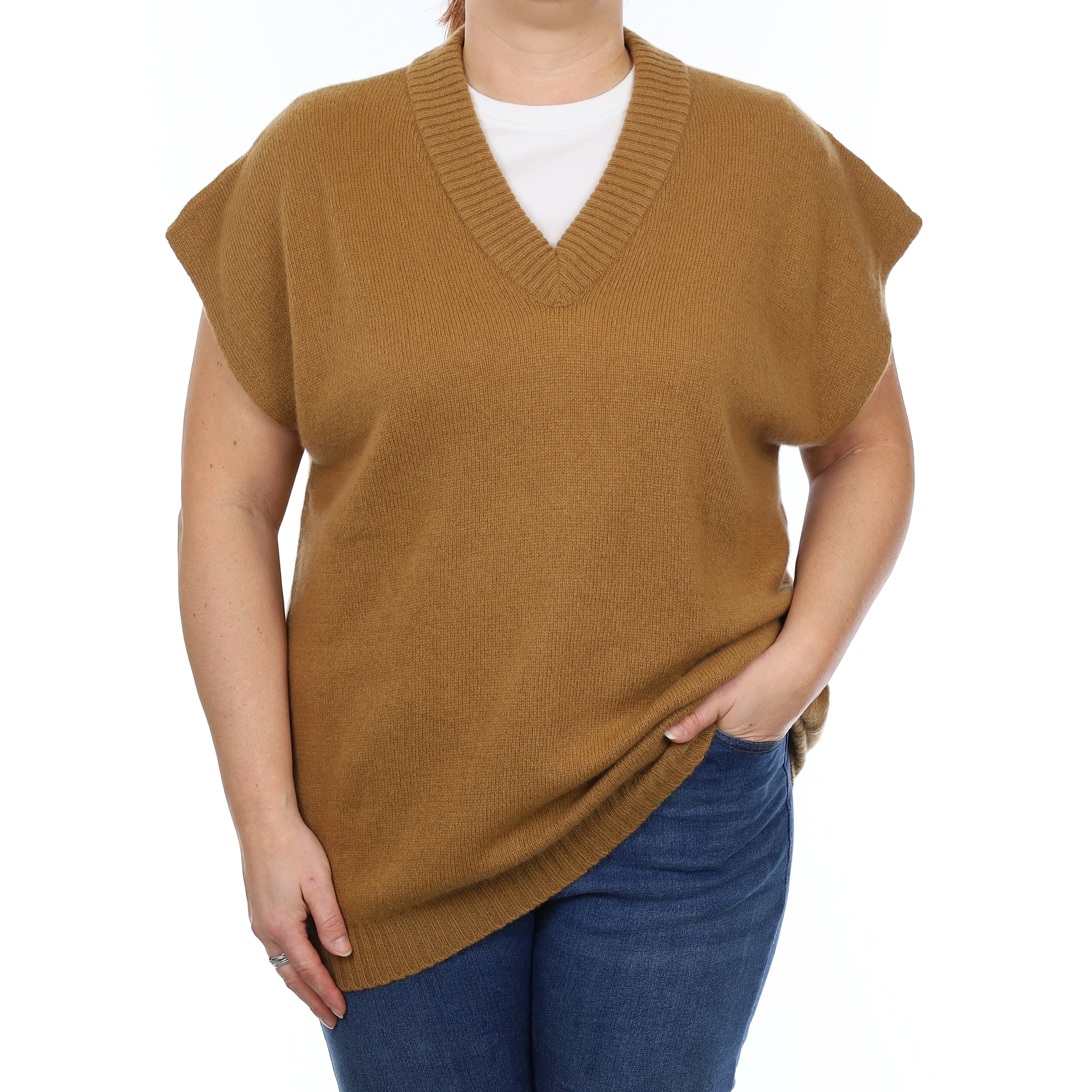 Brand New Scottish Cinnamon Brown Cashmere Slouchy V Neck Tank Top Large