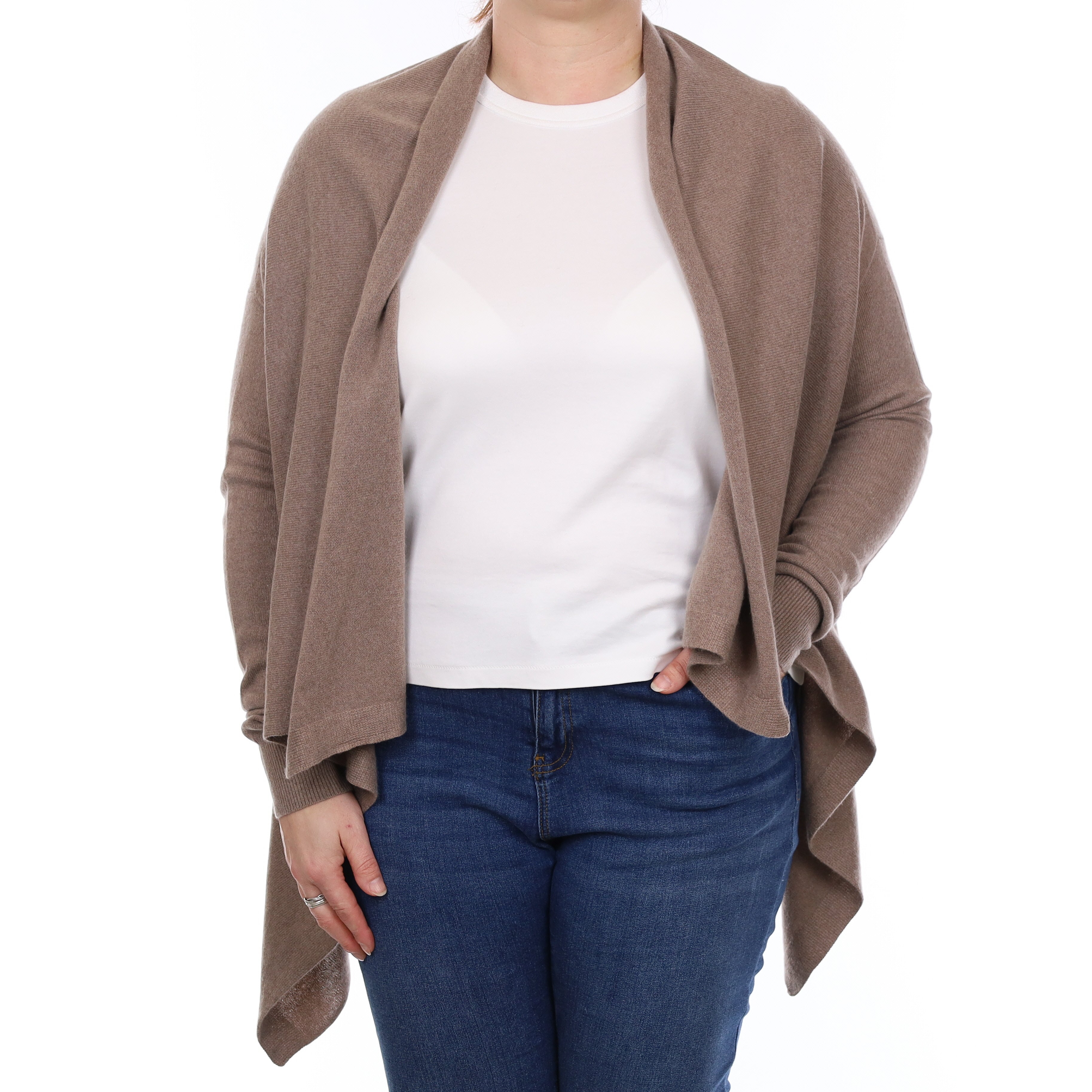 Taupe Brown Cashmere Waterfall Cardigan Large
