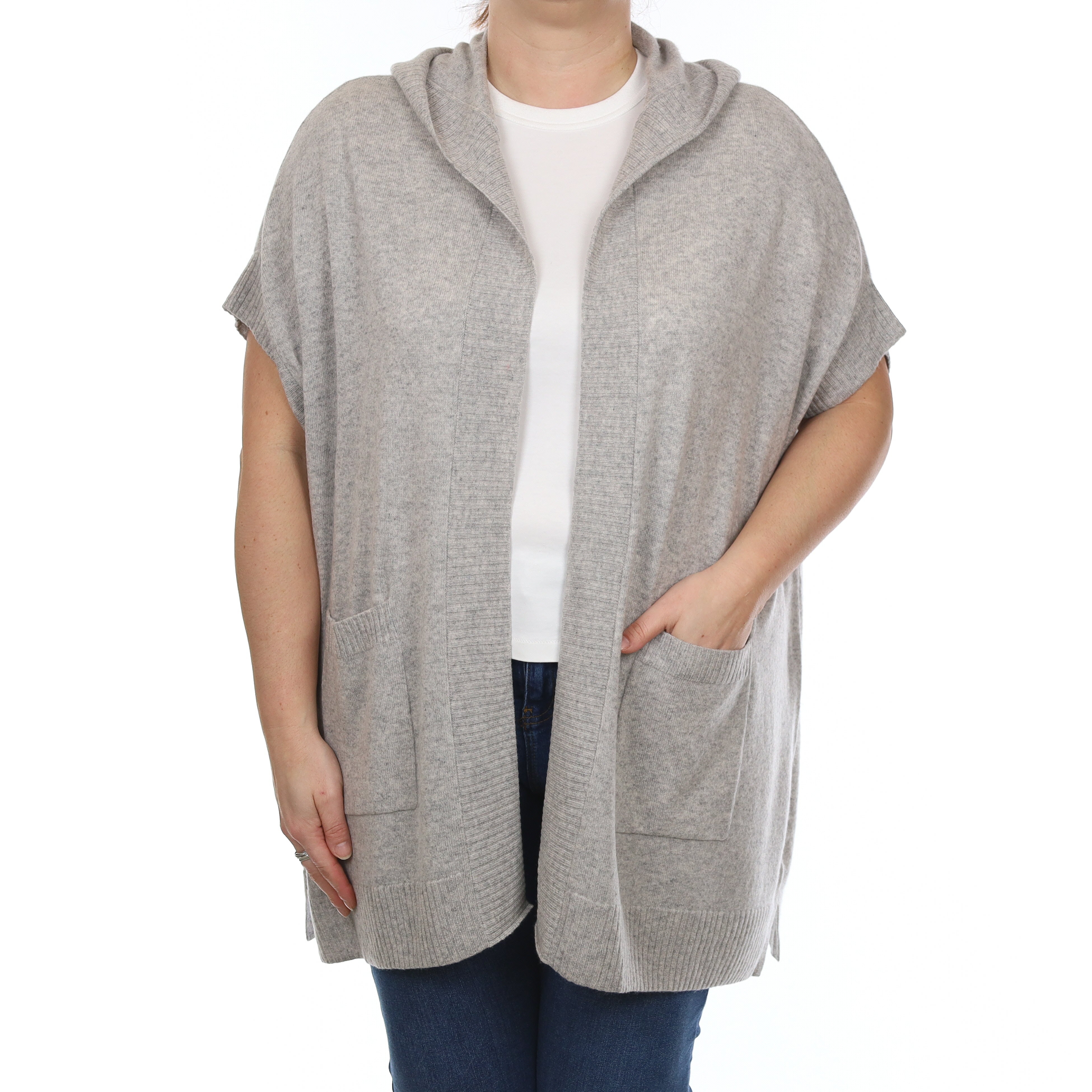 Mist Grey Cashmere Sleeveless Edge to a Edge Tunic with Hood Large