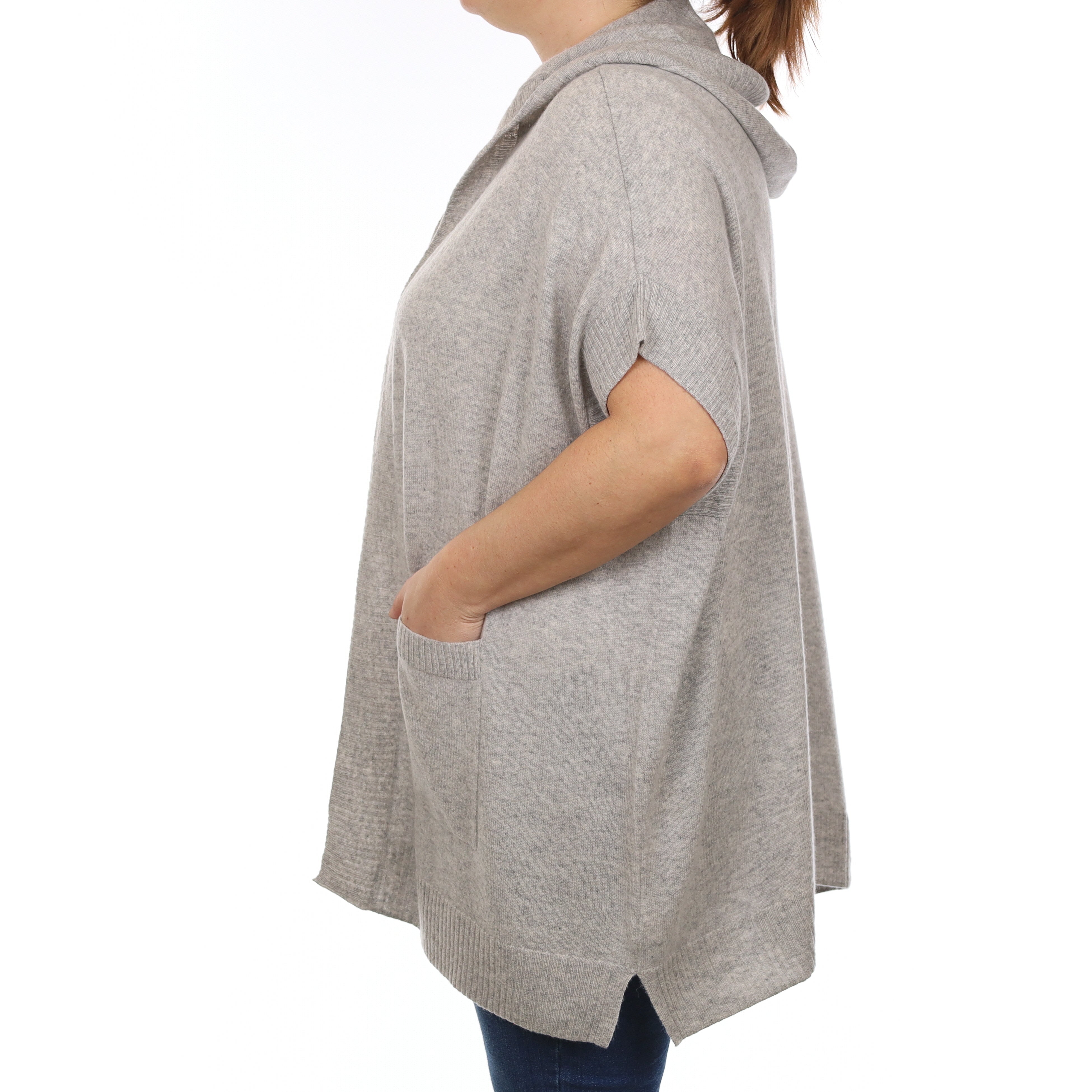 Mist Grey Cashmere Sleeveless Edge to a Edge Tunic with Hood Large