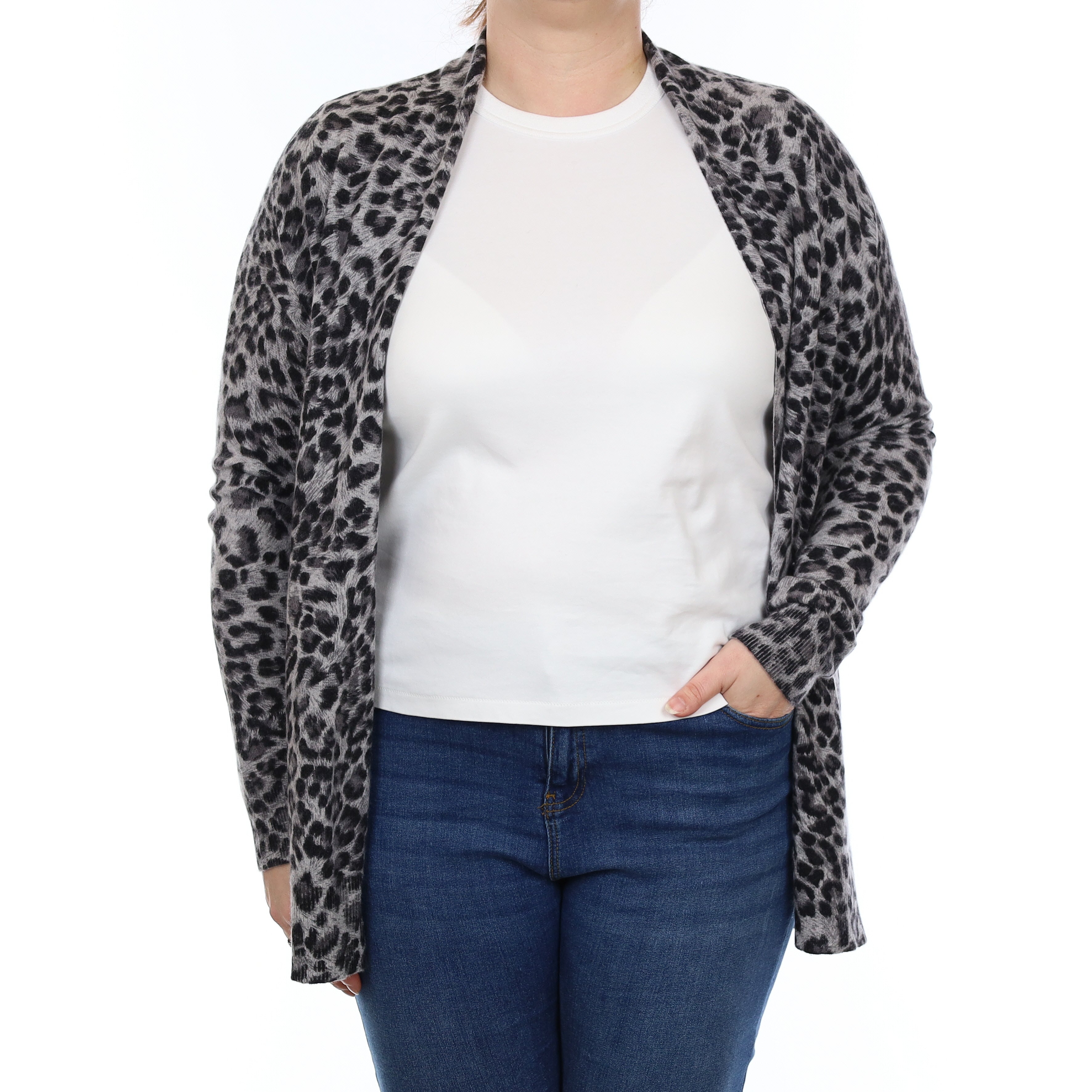 Grey Leopard Print Cashmere Edge to Edge Cardigan with Pockets Large