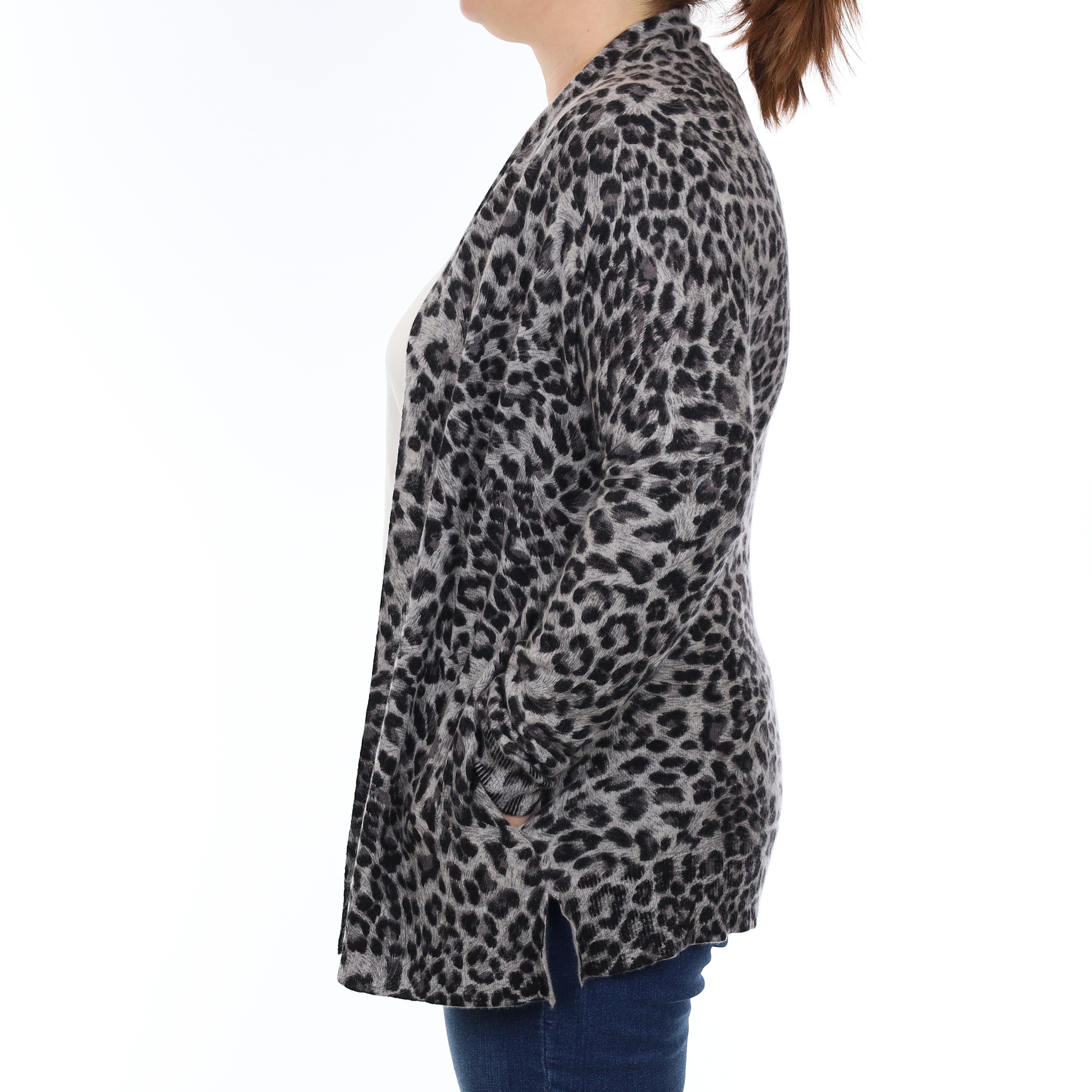 Grey Leopard Print Cashmere Edge to Edge Cardigan with Pockets Large