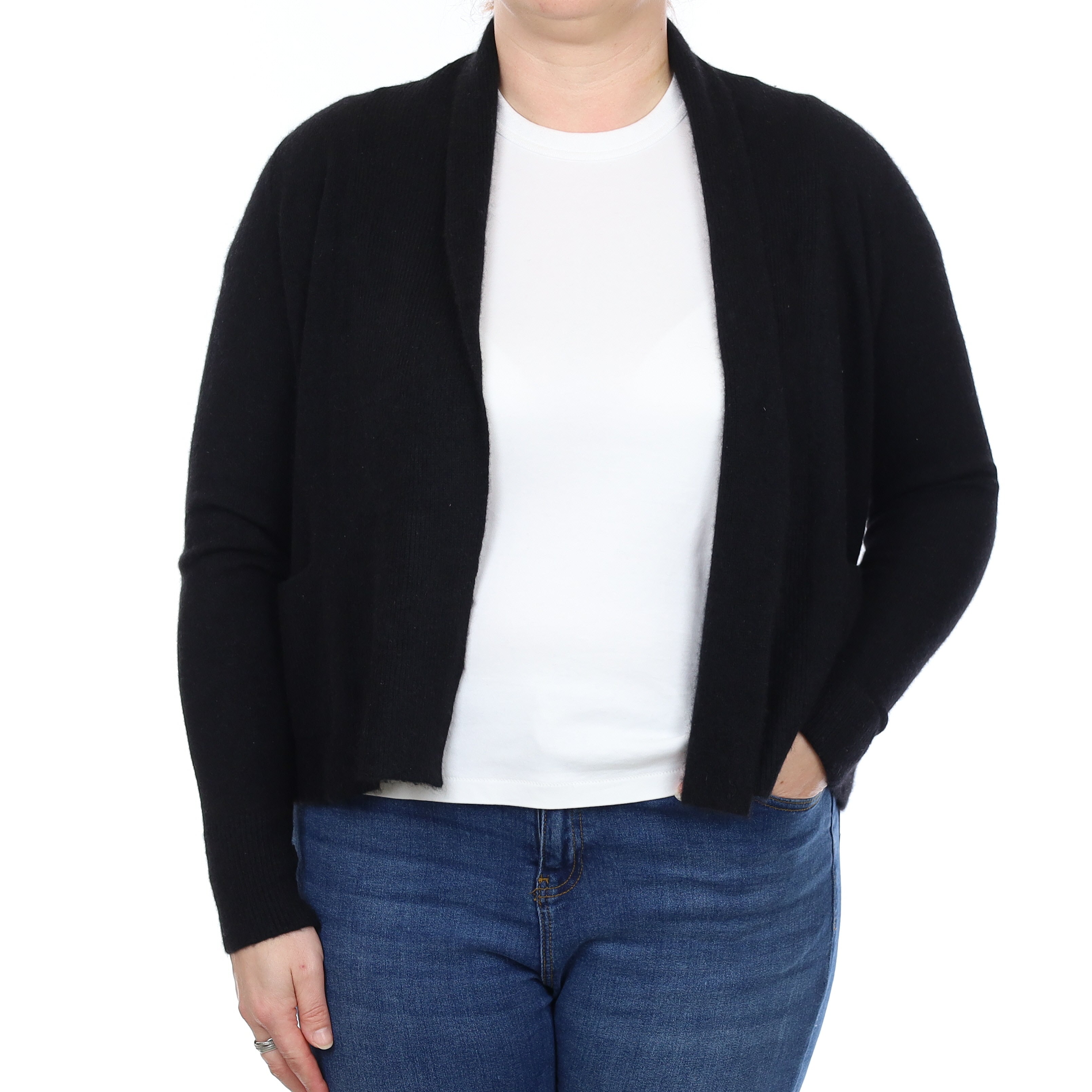 Black Cashmere Short Edge to Edge Cardigan with Pockets Large