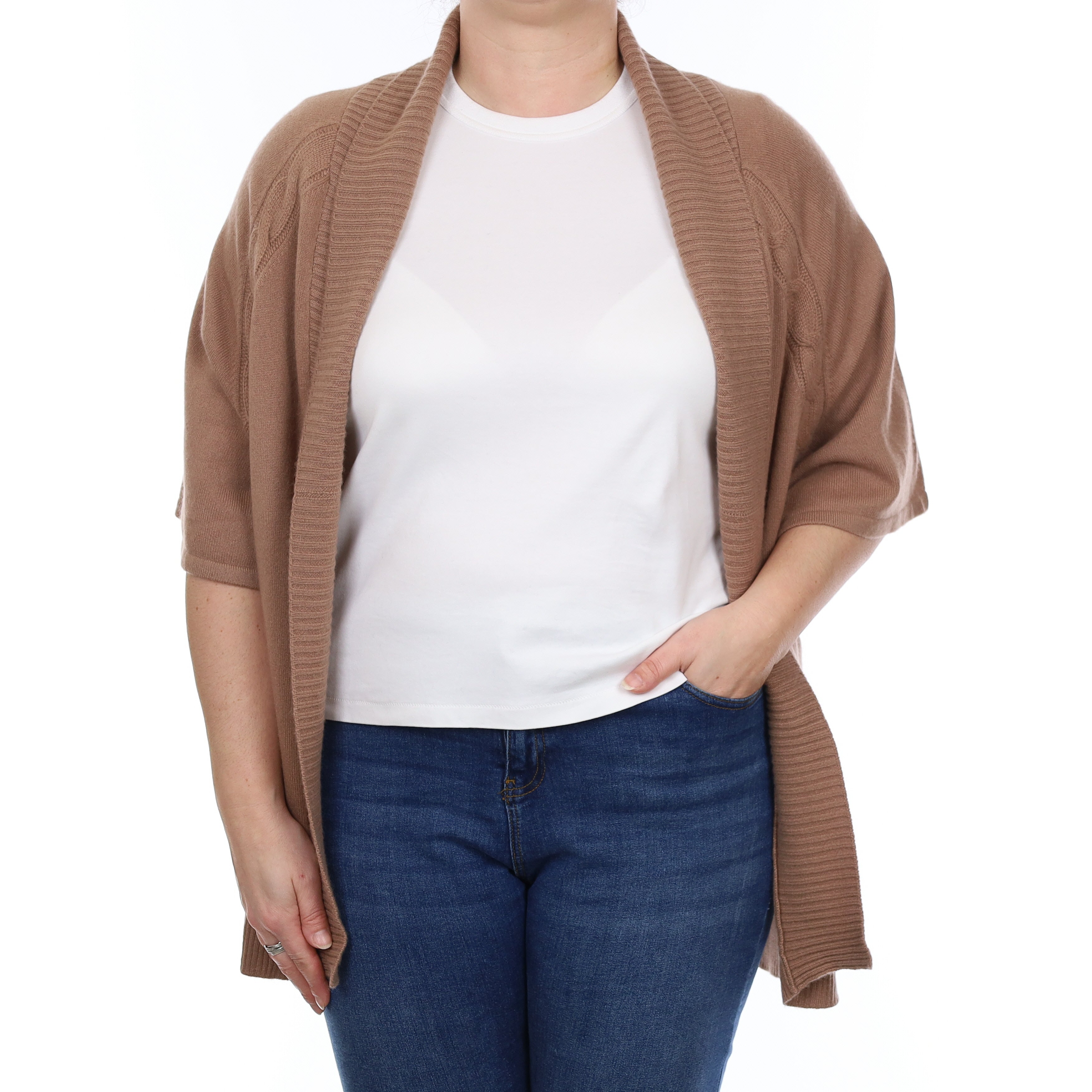 Camel Brown Cashmere Short Batwing Sleeve Shrug Cardigan Large