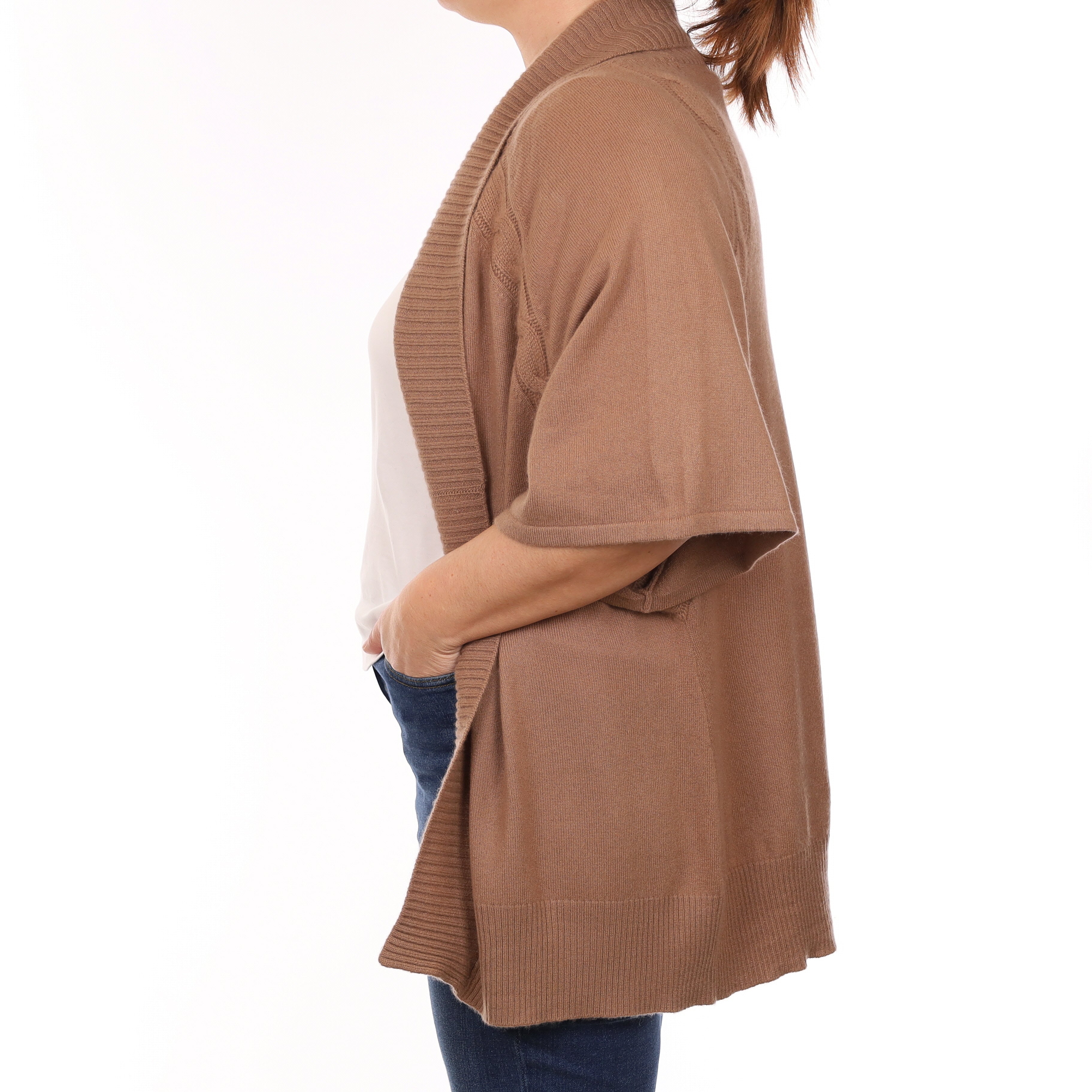 Camel Brown Cashmere Short Batwing Sleeve Shrug Cardigan Large