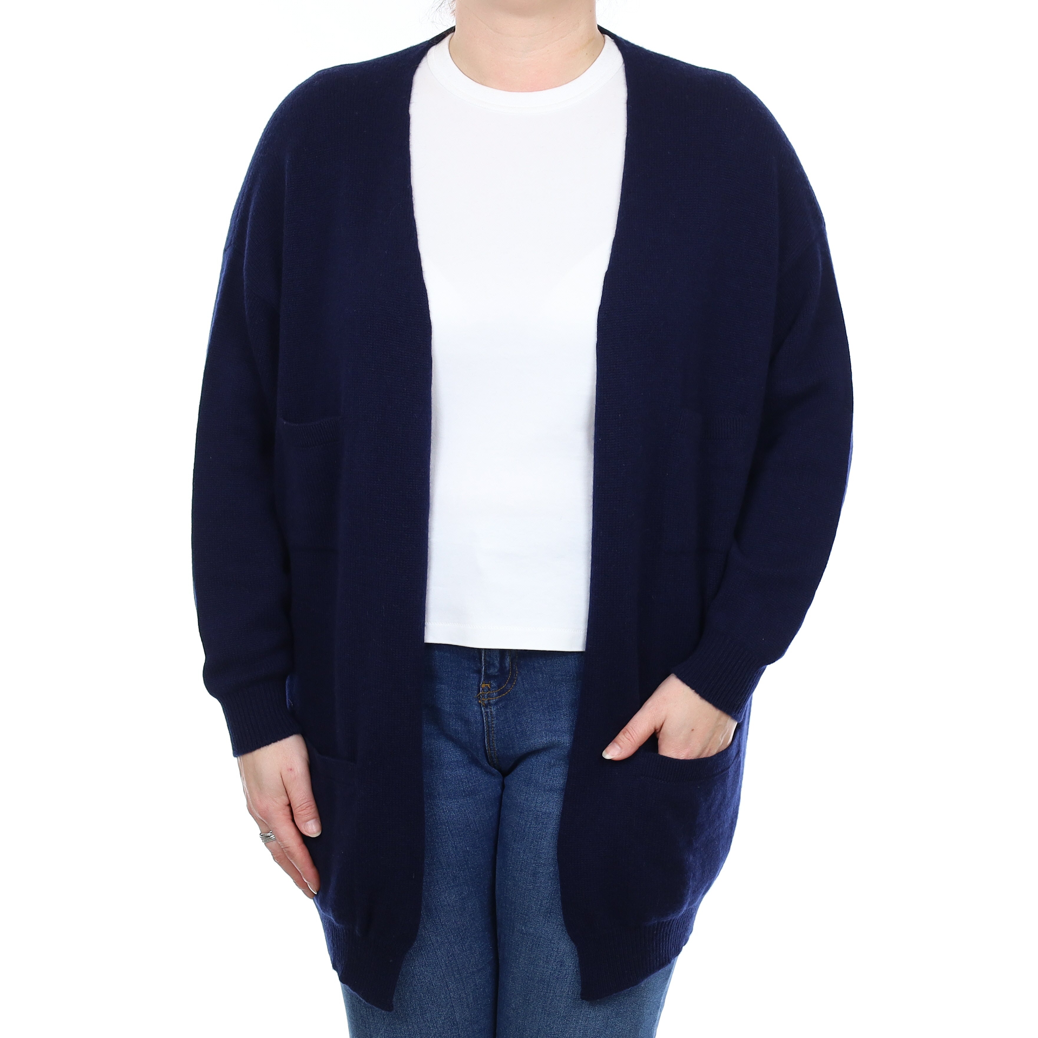 Brand New Scottish Navy Cashmere Edge To Edge Cardigan with Pockets Large