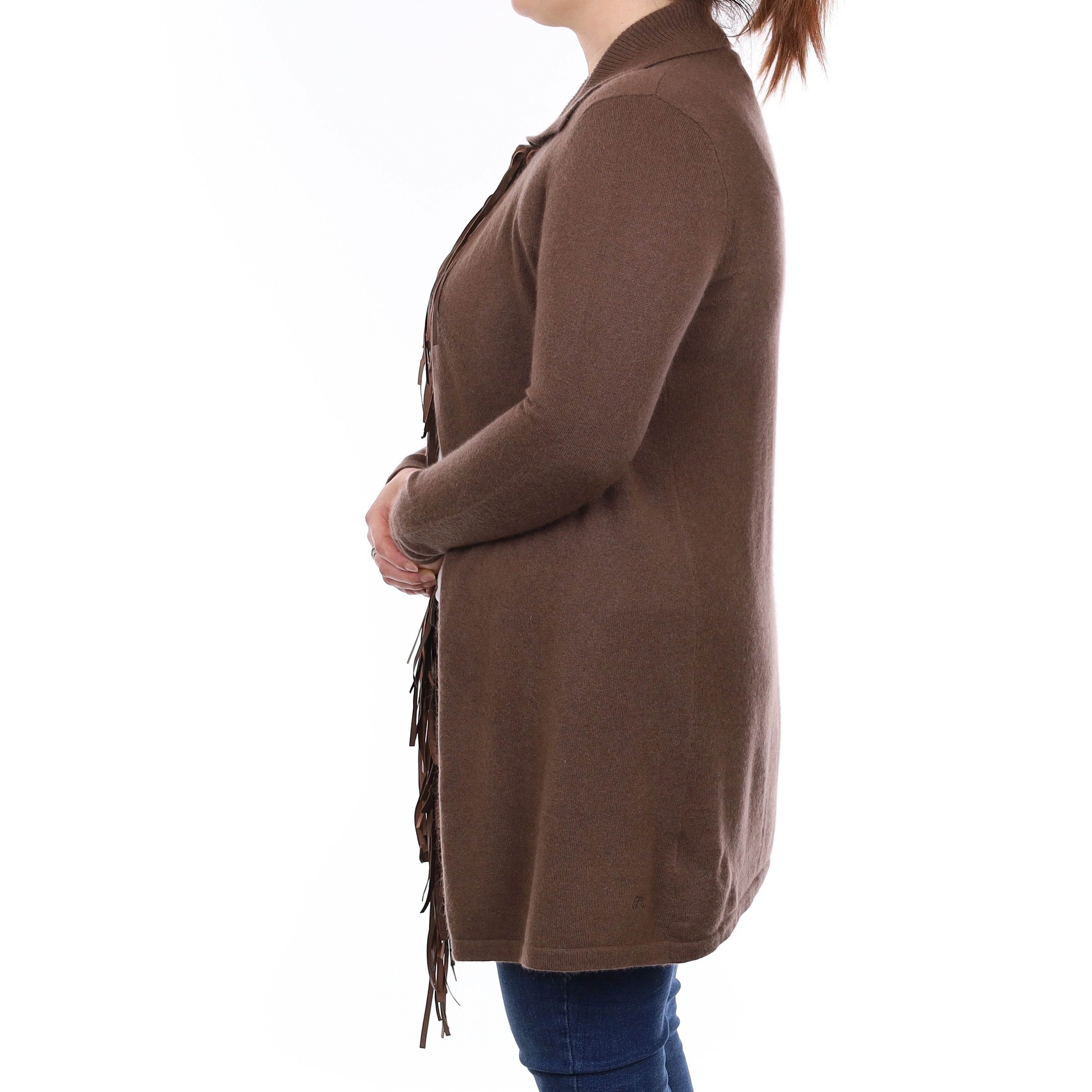 Mocha Brown Tassel Edged Cashmere Longline Cardigan with Collar Large