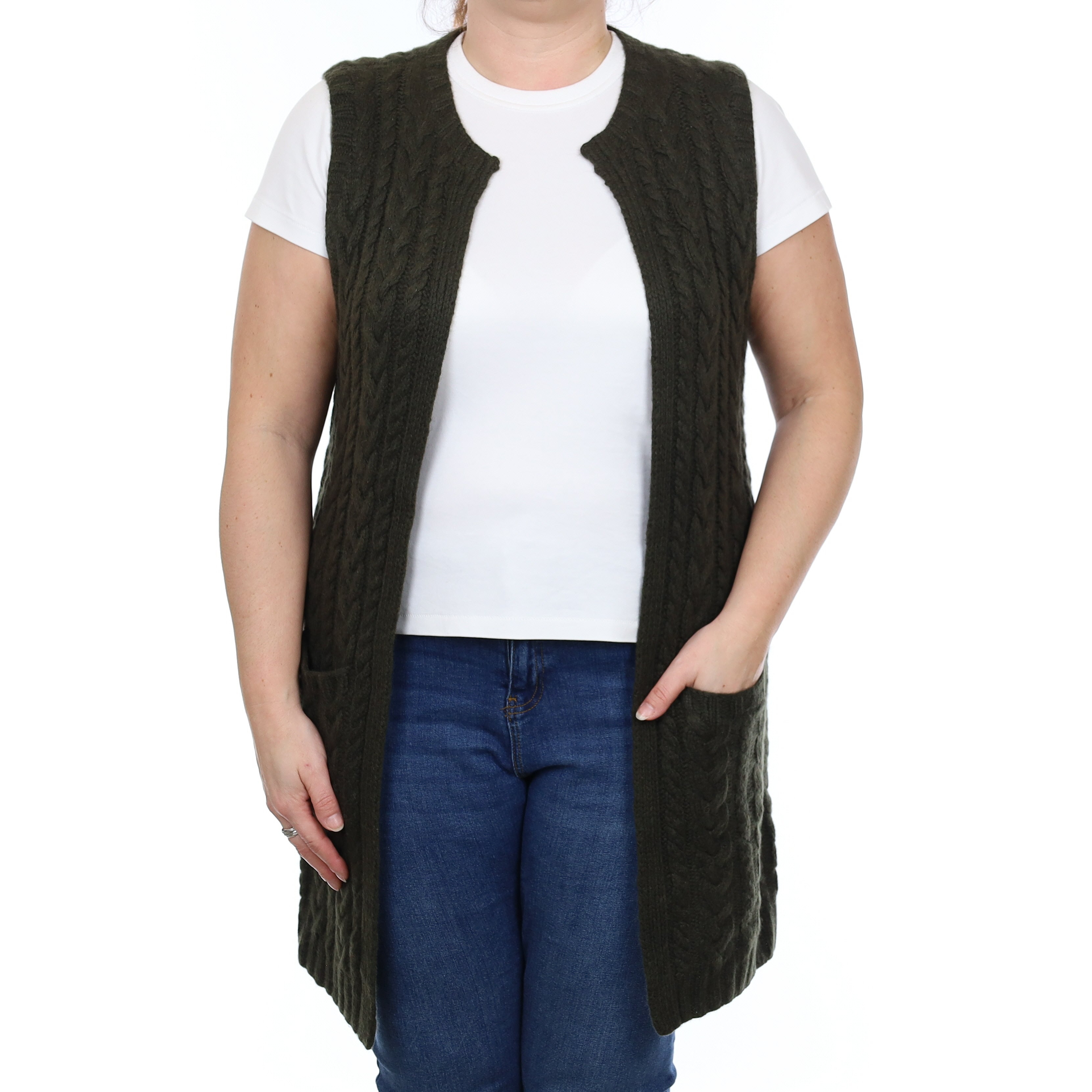 Ralph Lauren Deep Khaki Cable Hand Knit Cashmere Sleeveless Cardigan Large