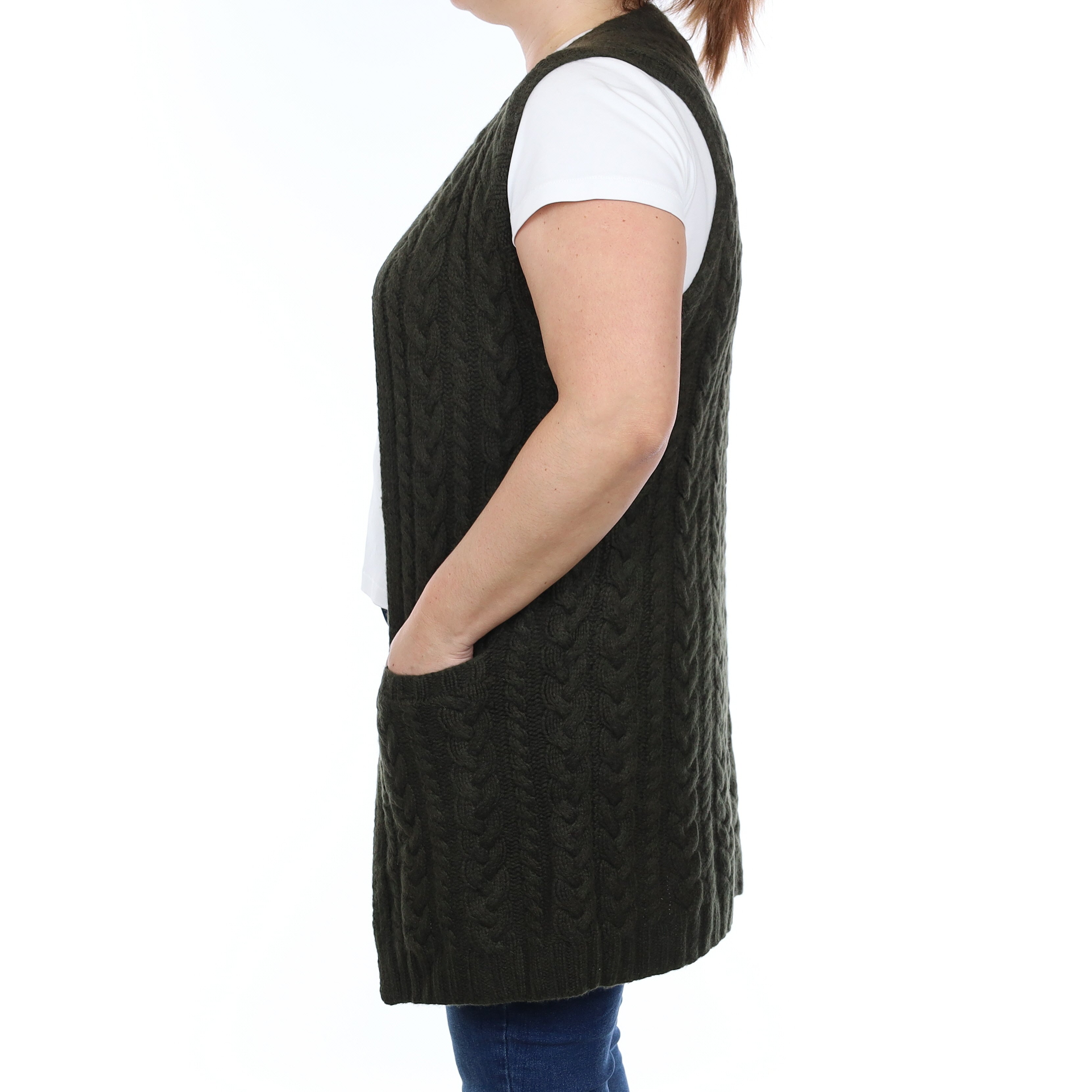 Ralph Lauren Deep Khaki Cable Hand Knit Cashmere Sleeveless Cardigan Large