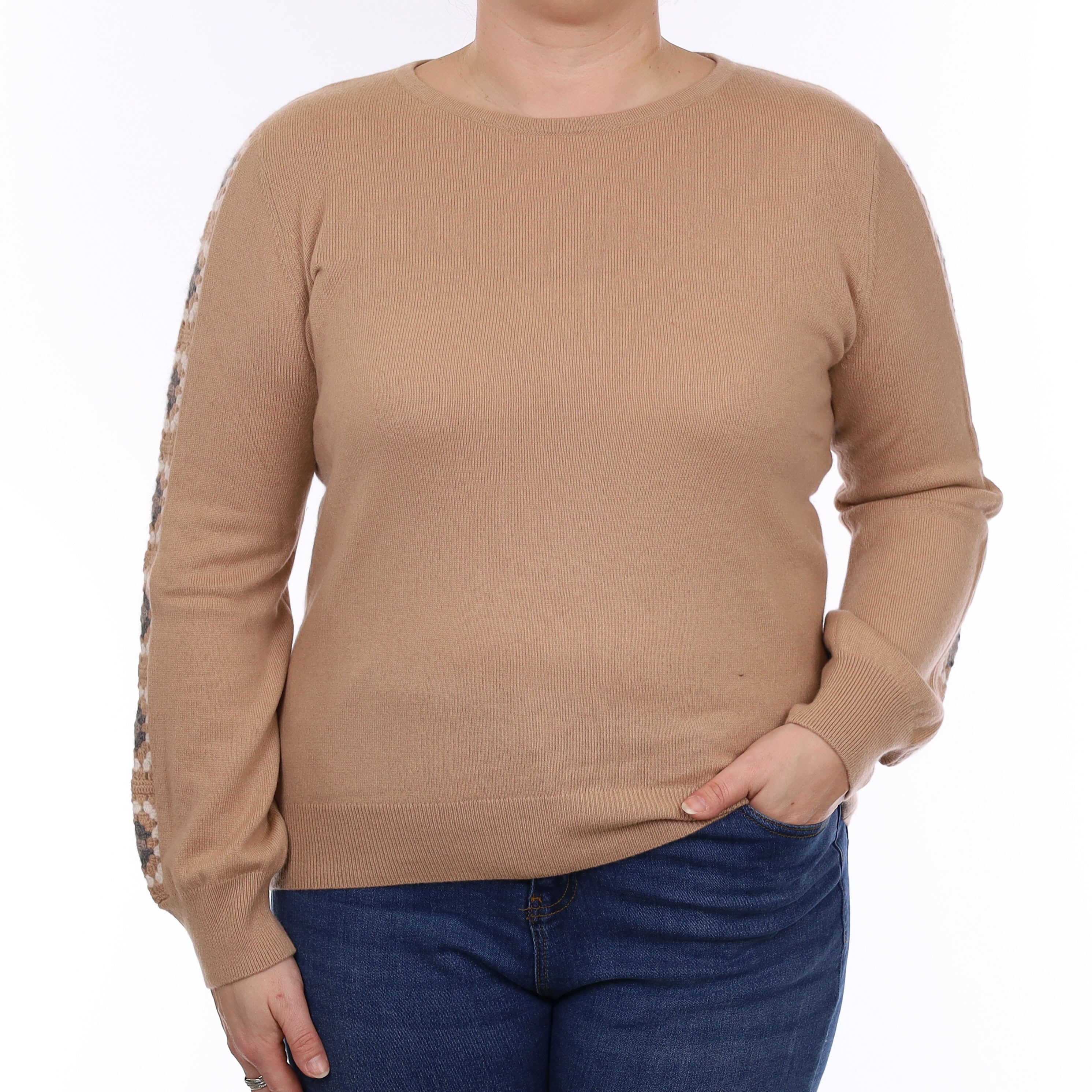 Neiman Marcus Camel Crochet Sleeve Cashmere Crew Neck Jumper Large