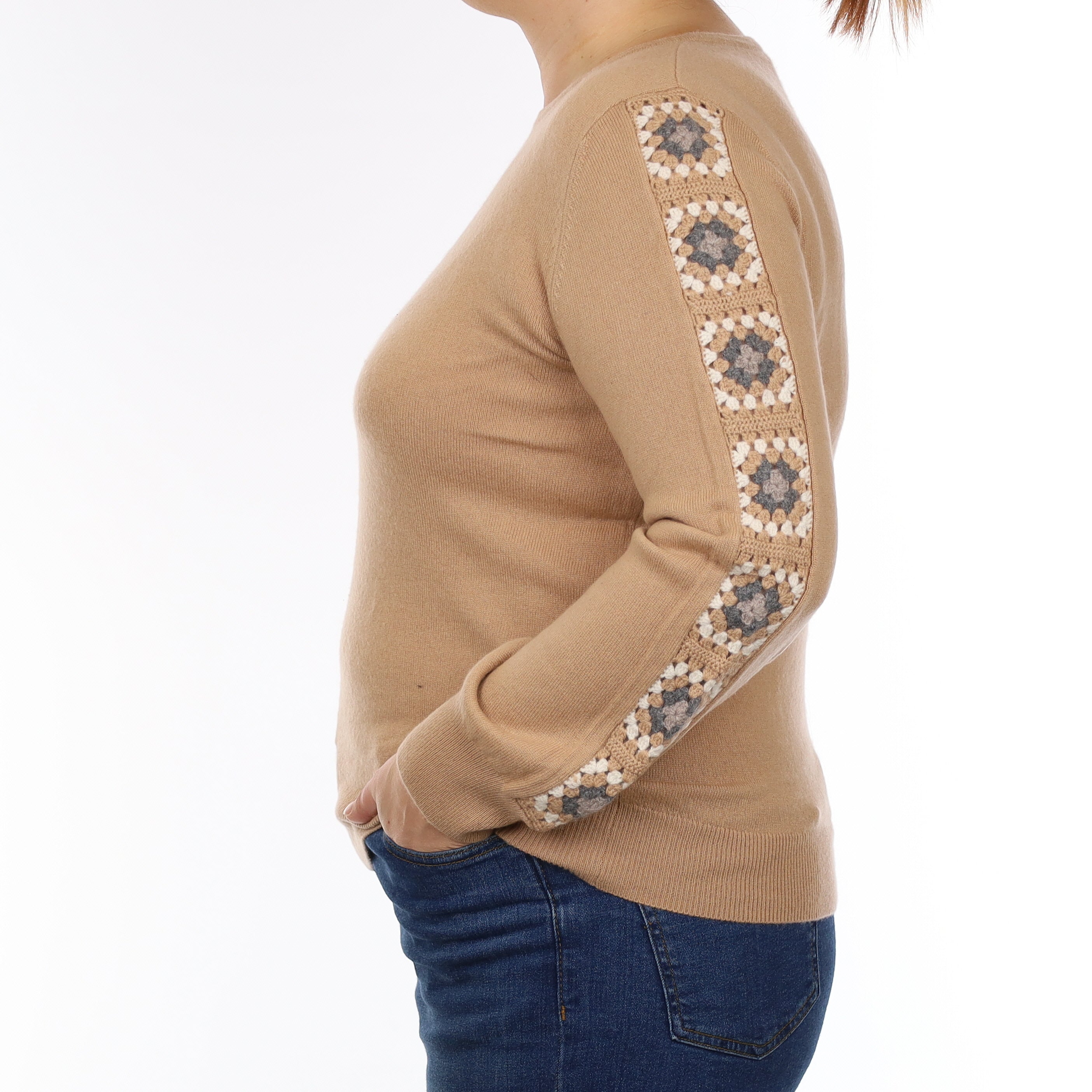 Neiman Marcus Camel Crochet Sleeve Cashmere Crew Neck Jumper Large