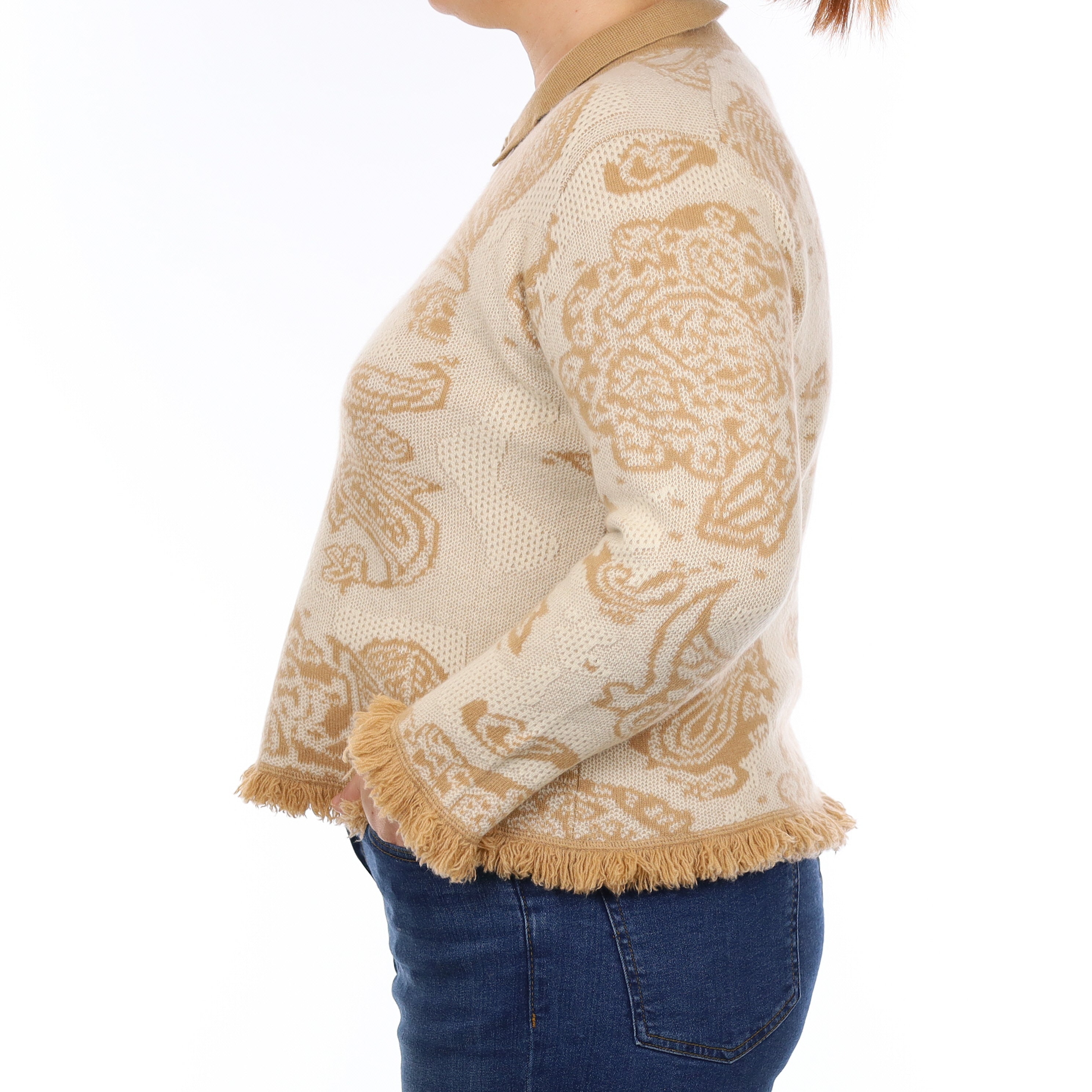 Camel and Cream Paisley Heavy Knit Cashmere Collared Jumper Large