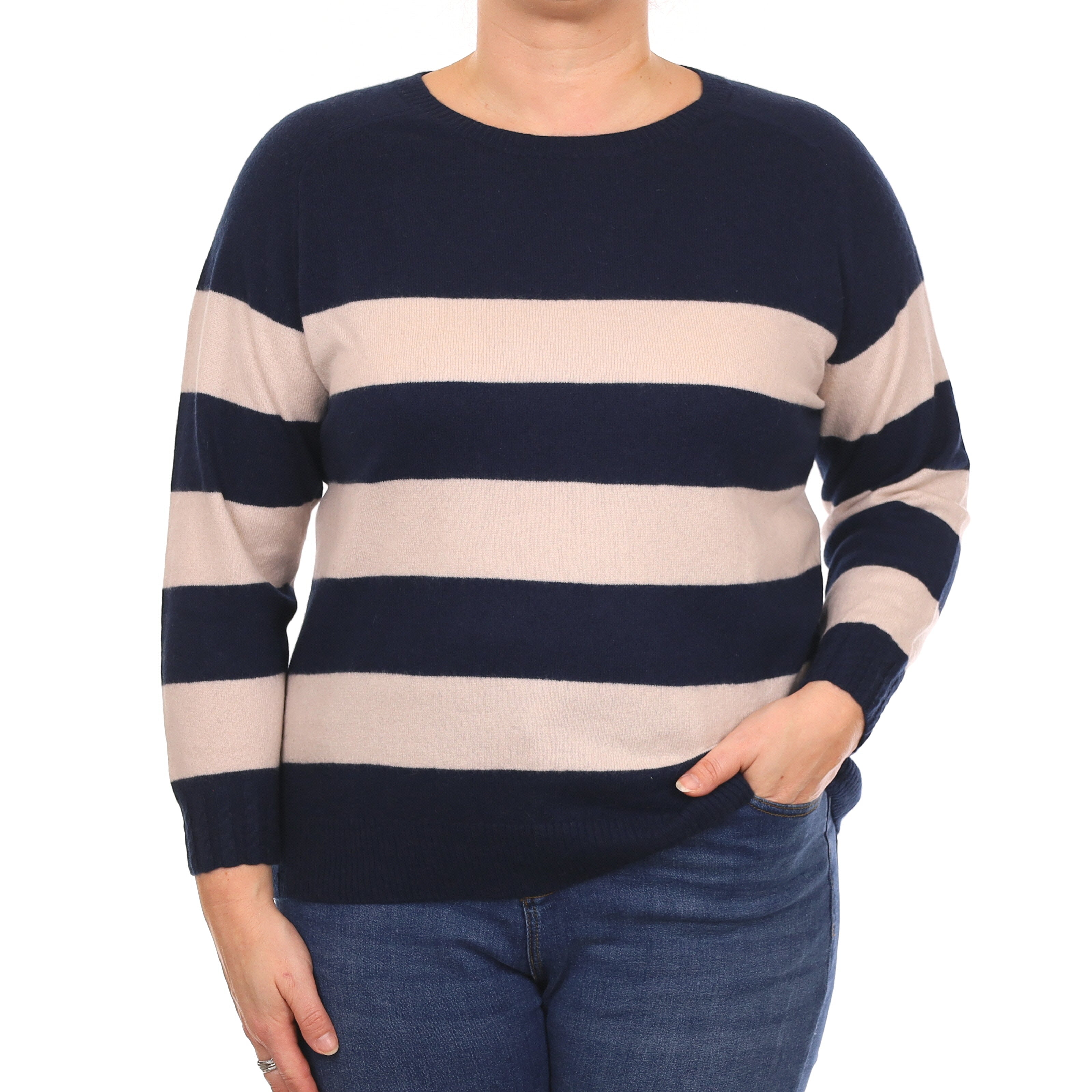 Balmain Navy and Alabaster Stripe Cashmere Crew Neck Jumper Large