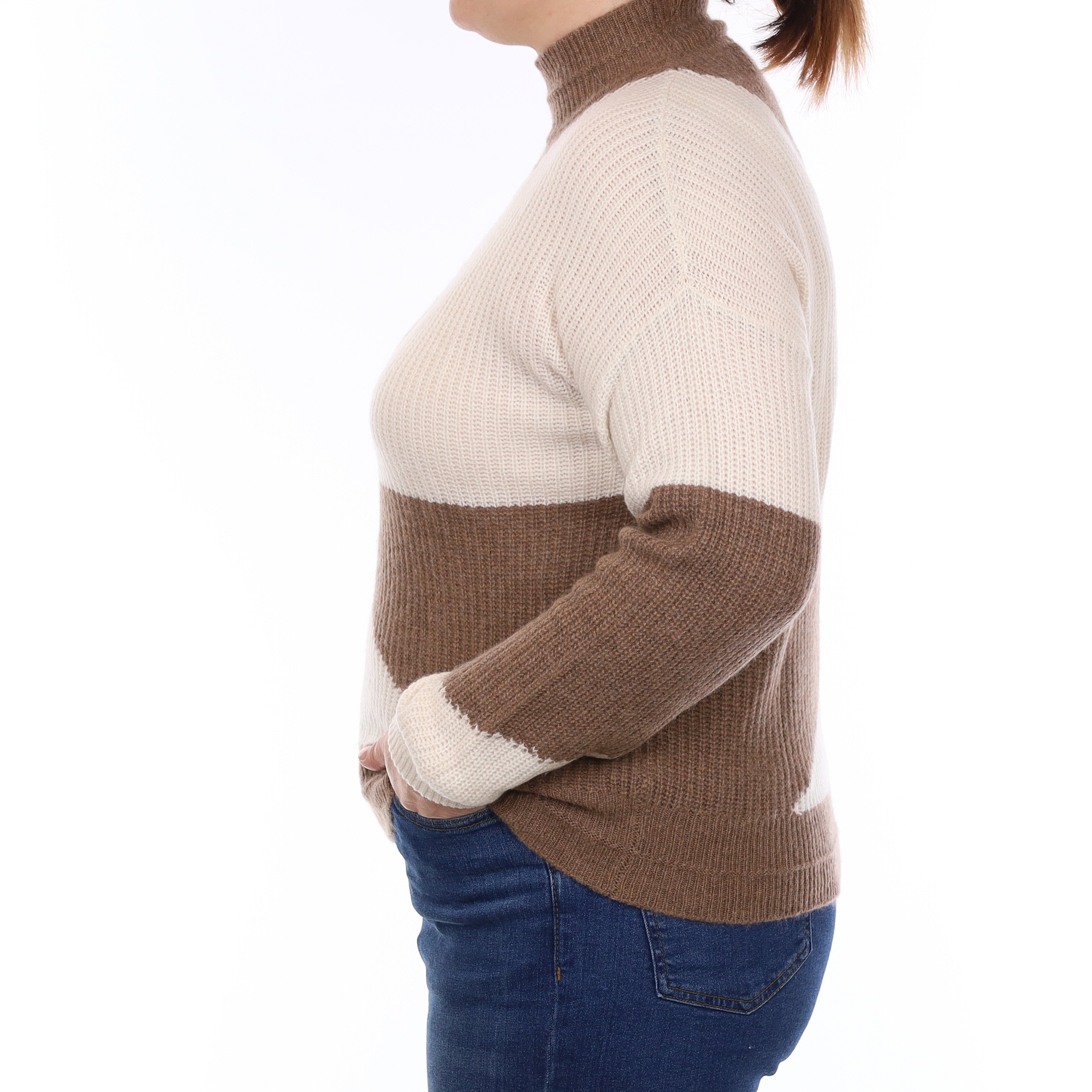 Mocha and Cream Chunky Cashmere Turtleneck Jumper Large