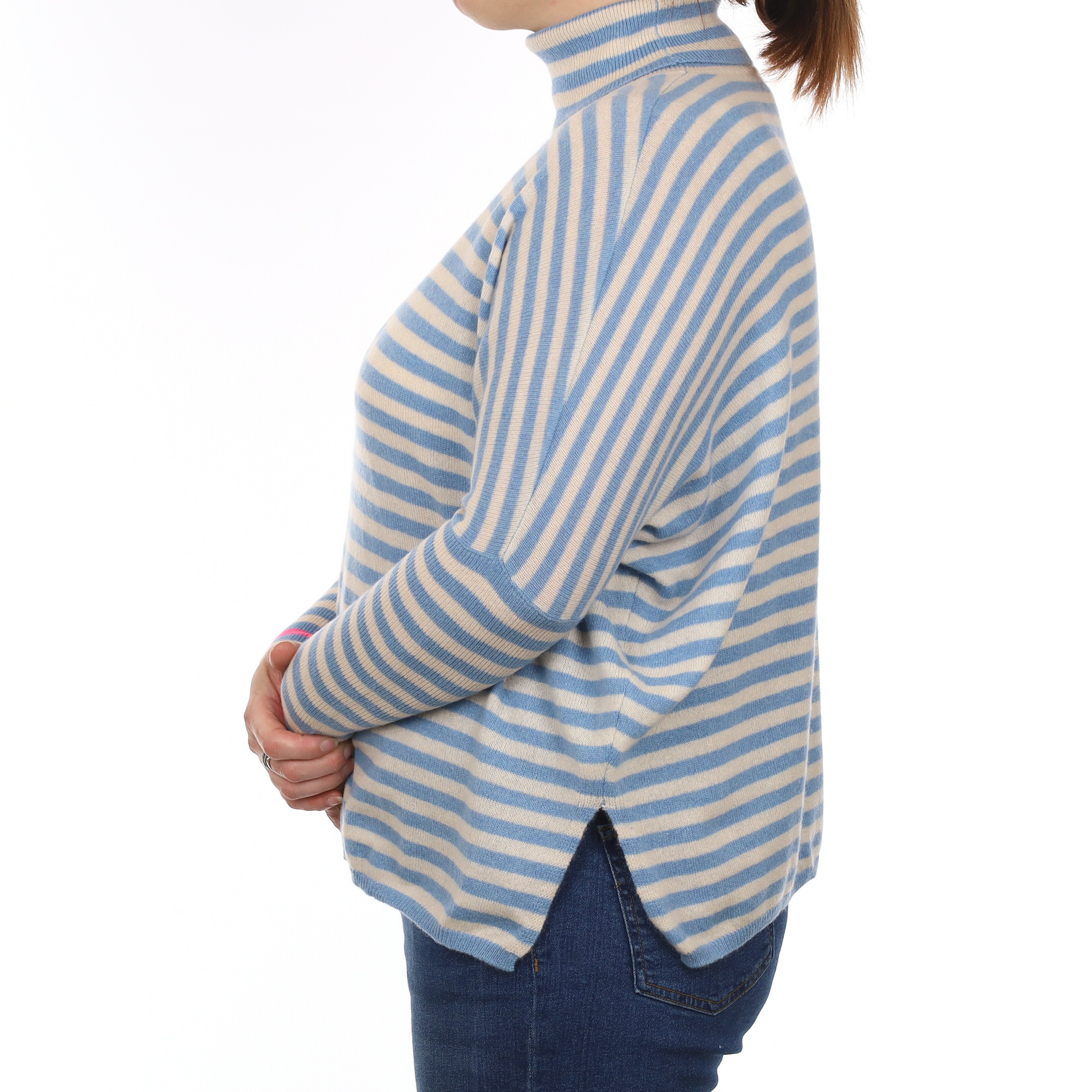 Blue and Alabaster Stripe Cashmere Slouchy Polo Neck Jumper Large