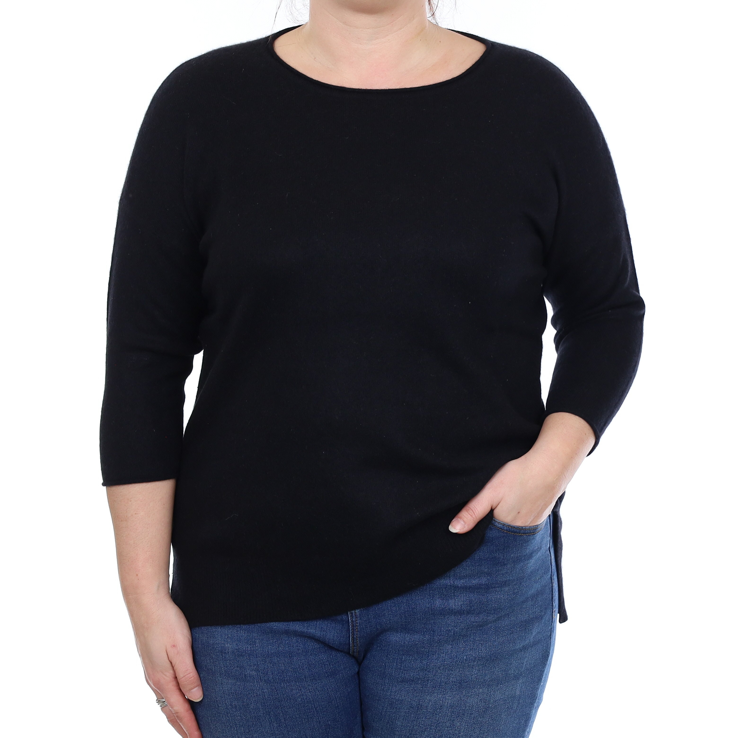 Neiman Marcus Black Cashmere 3/4 Sleeve Crew Neck Jumper Large