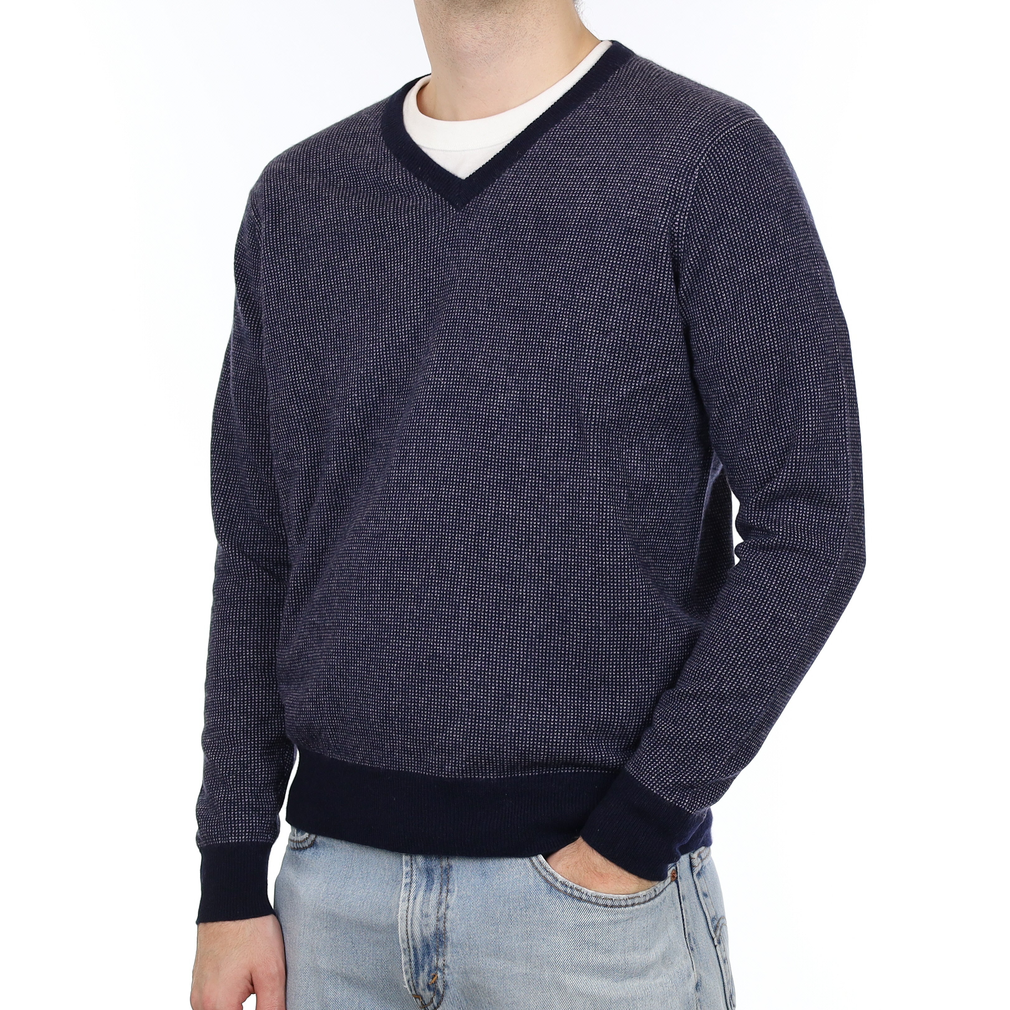 Men's Navy and Grey Fleck Cashmere V Neck Jumper Large