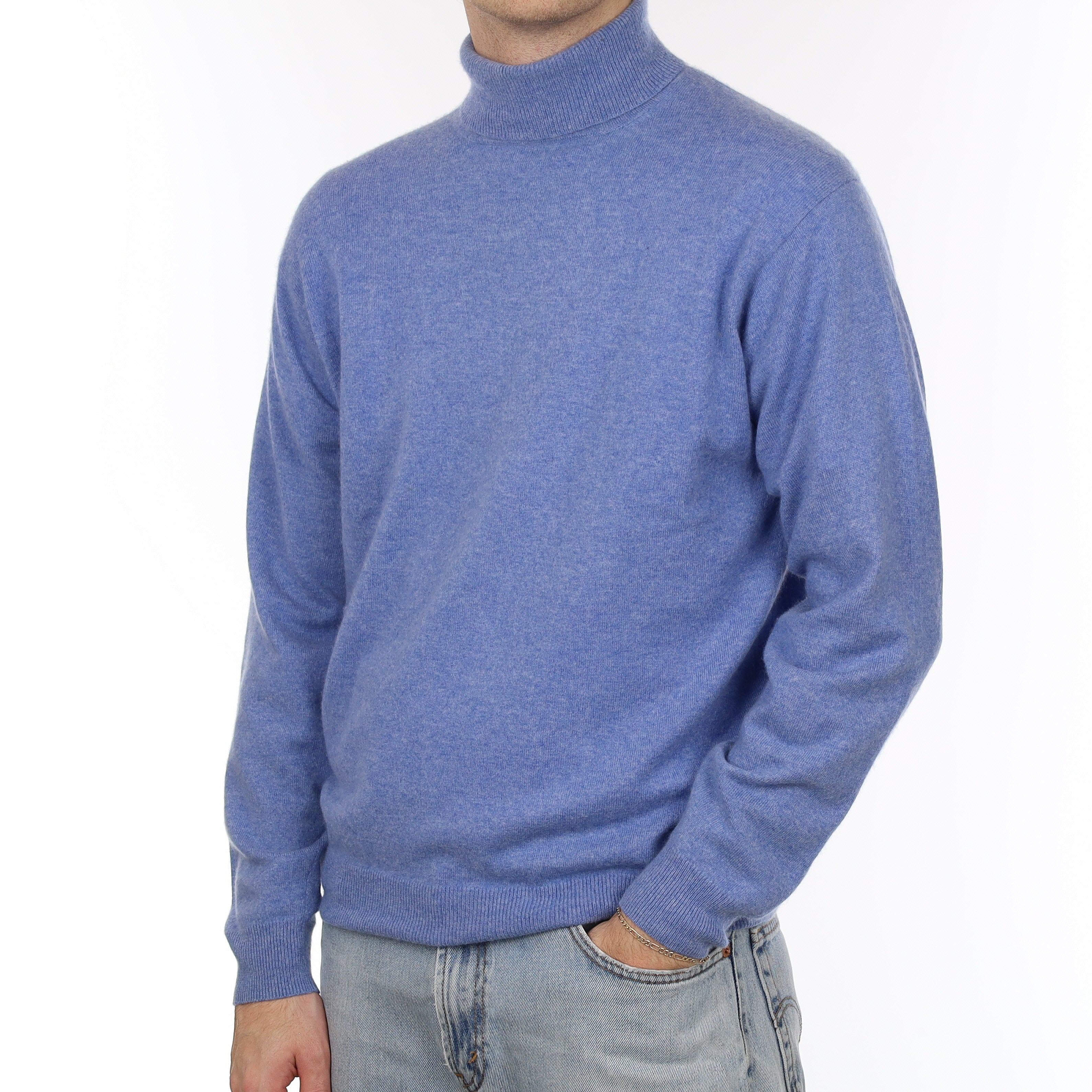 Men's Sky Blue Marl Cashmere Polo Neck Jumper Large