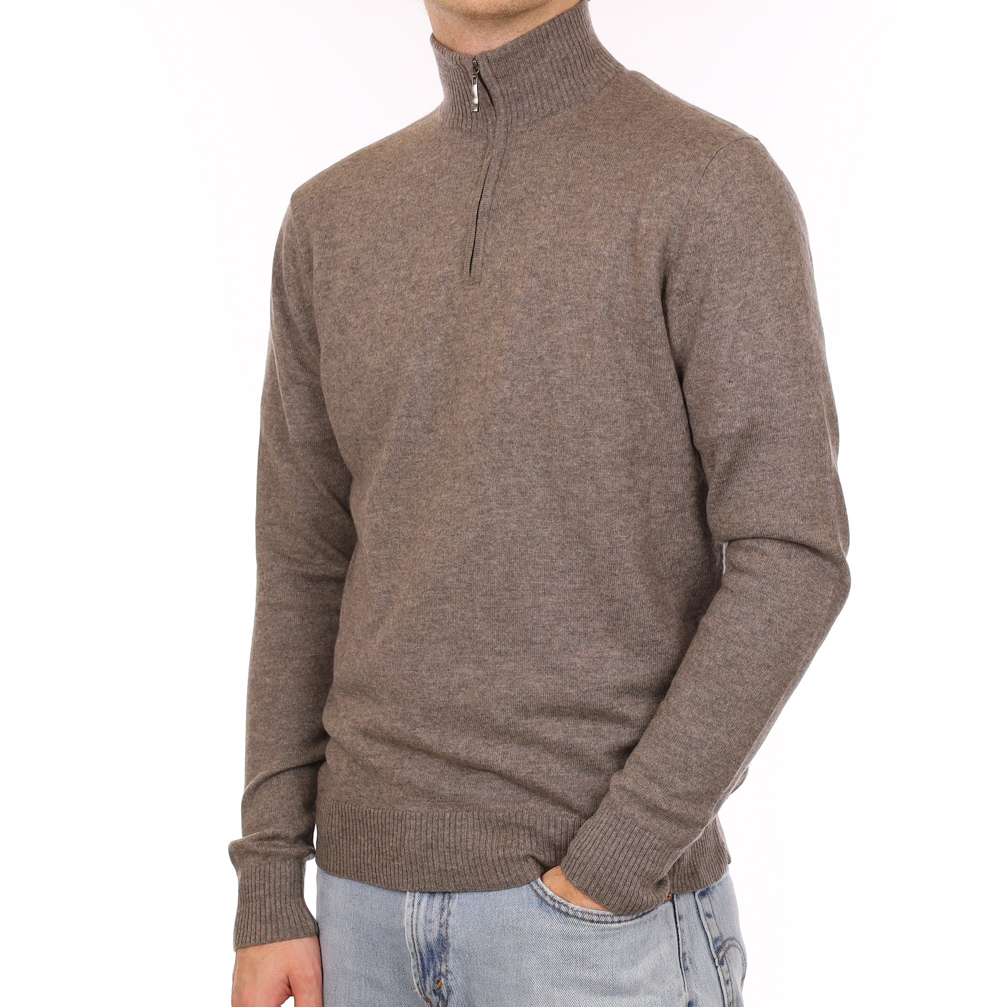 Men's Taupe Brown Marl Cashmere 1/4 Zip Jumper Large