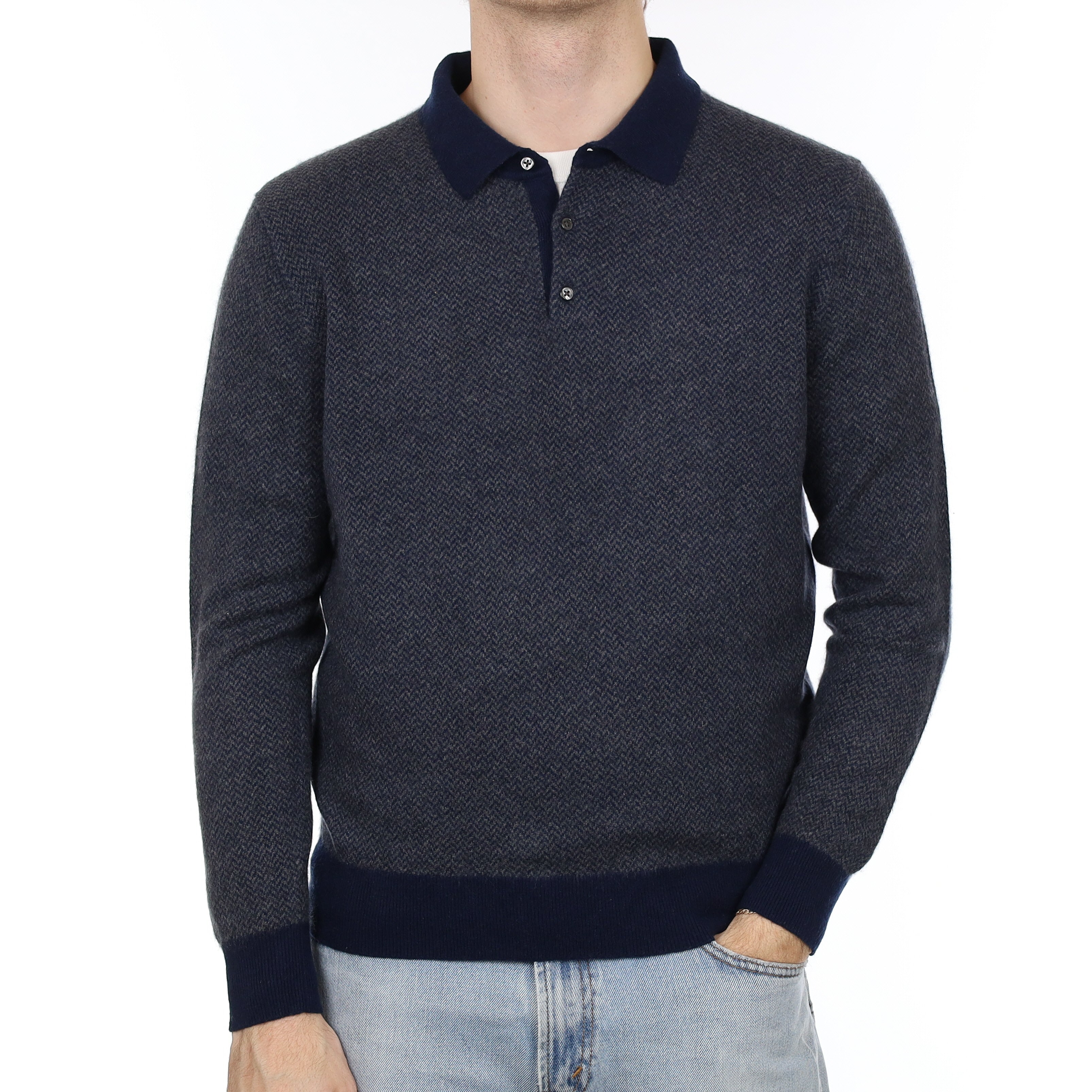 Men's Navy Herringbone Cashmere Collared 1/4 Button Jumper Large
