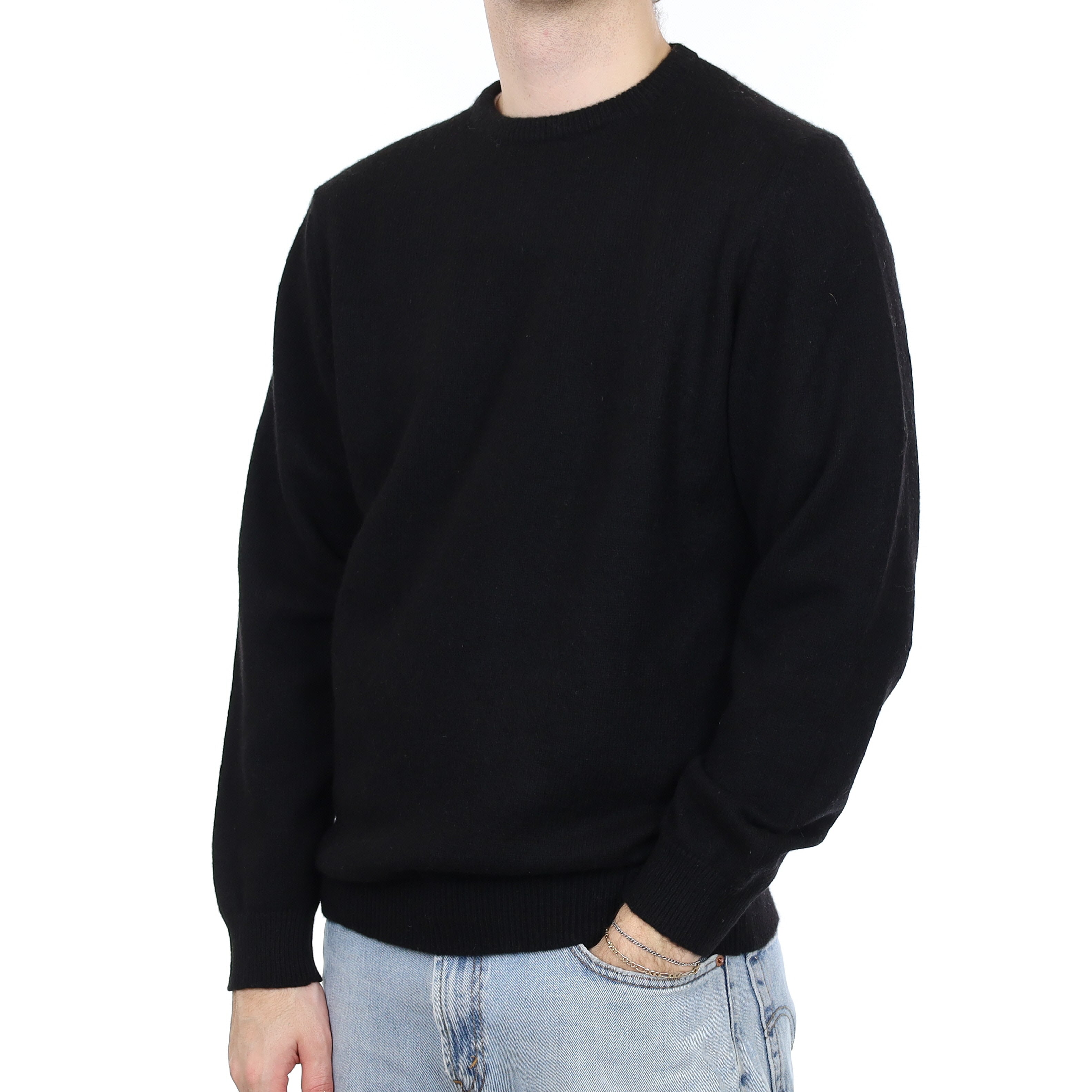 Men's Black Heavy Knit Cashmere Crew Neck Jumper Large