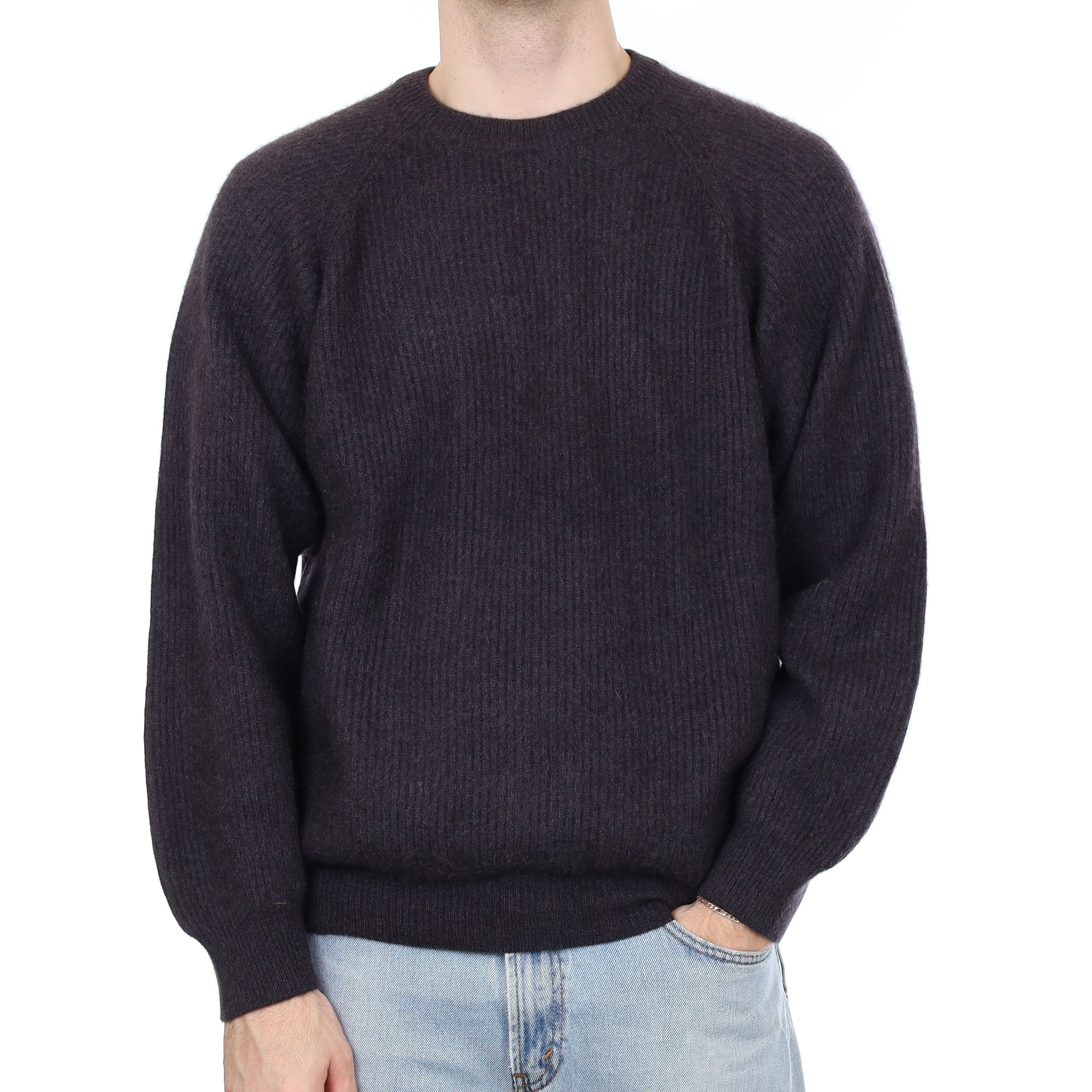 Men's Italian Piacenza Graphite Grey Chunky Rib Cashmere Crew Neck Jumper Large