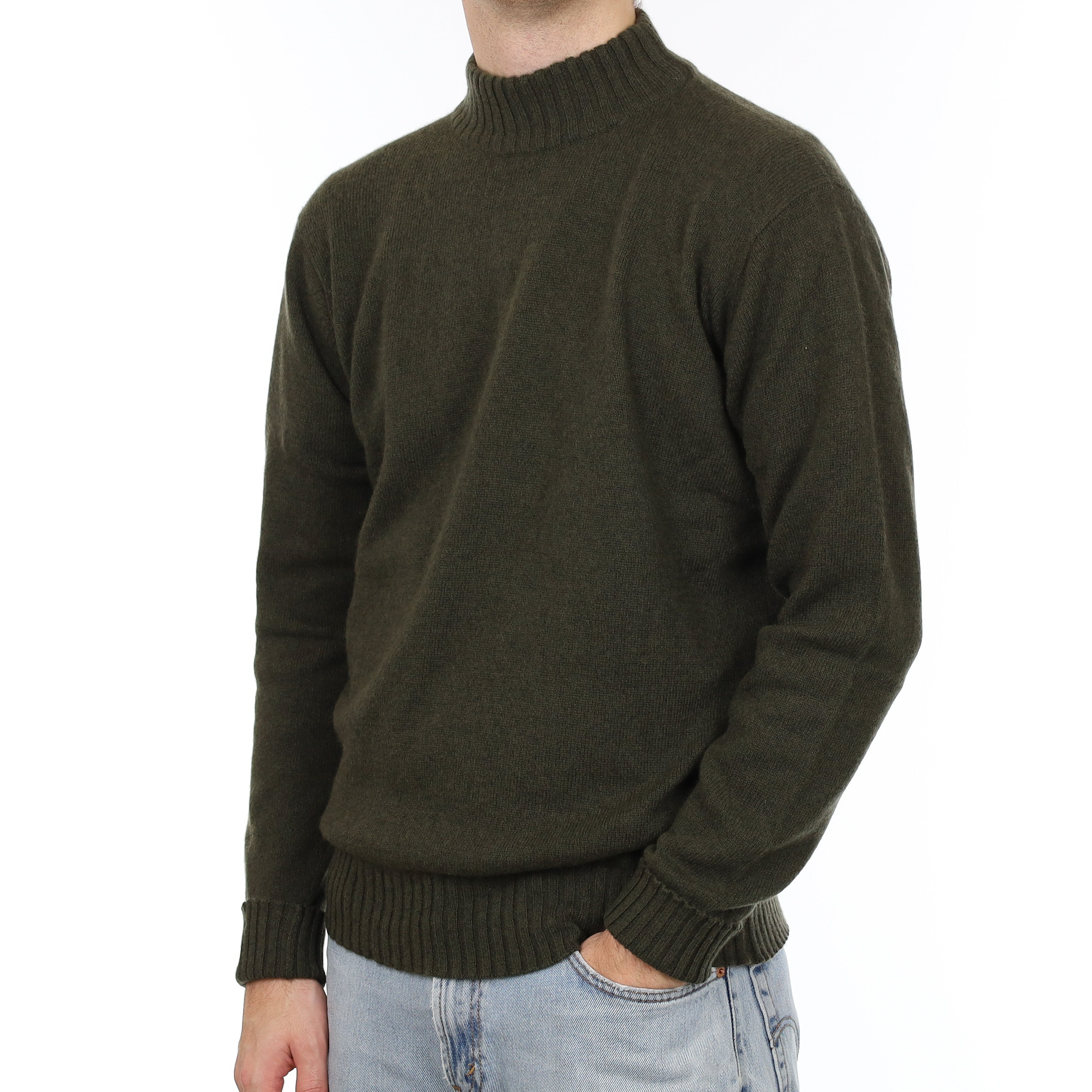 Men's Brand New Scottish Deep Khaki Green Cashmere Turtle Neck Jumper Large