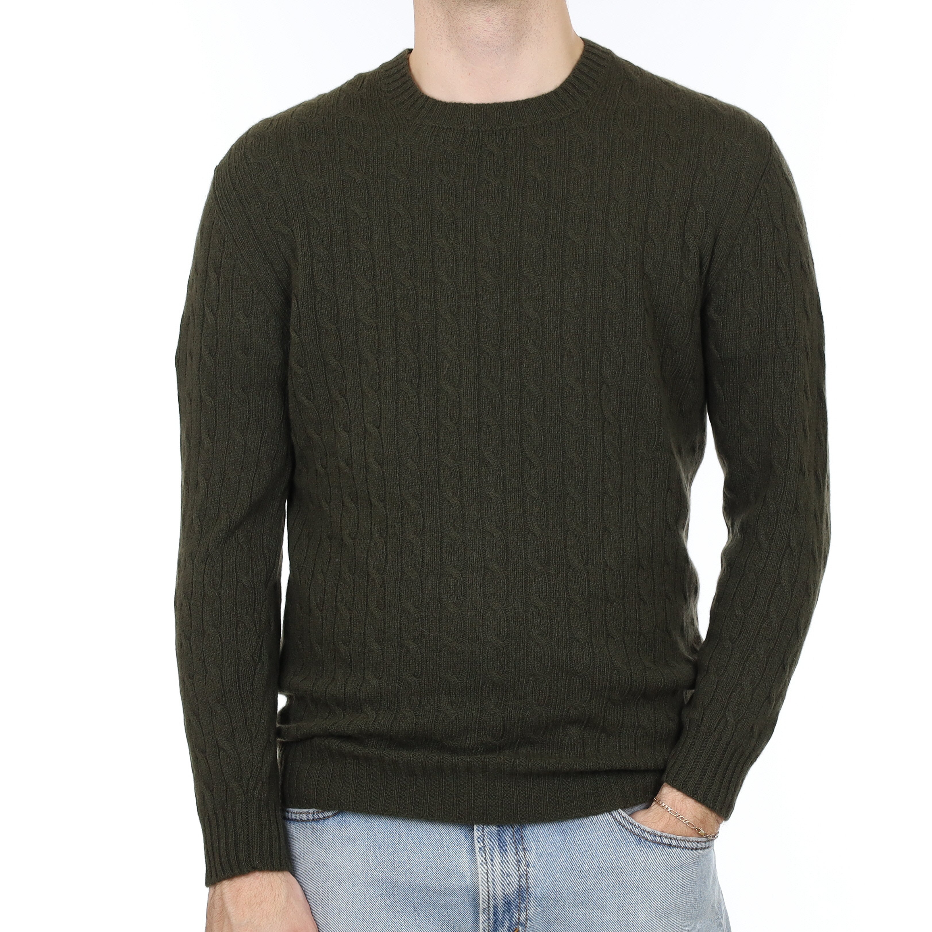 Men's Brand New Scottish Deep Khaki Green Cable Cashmere Crew Neck Jumper Medium