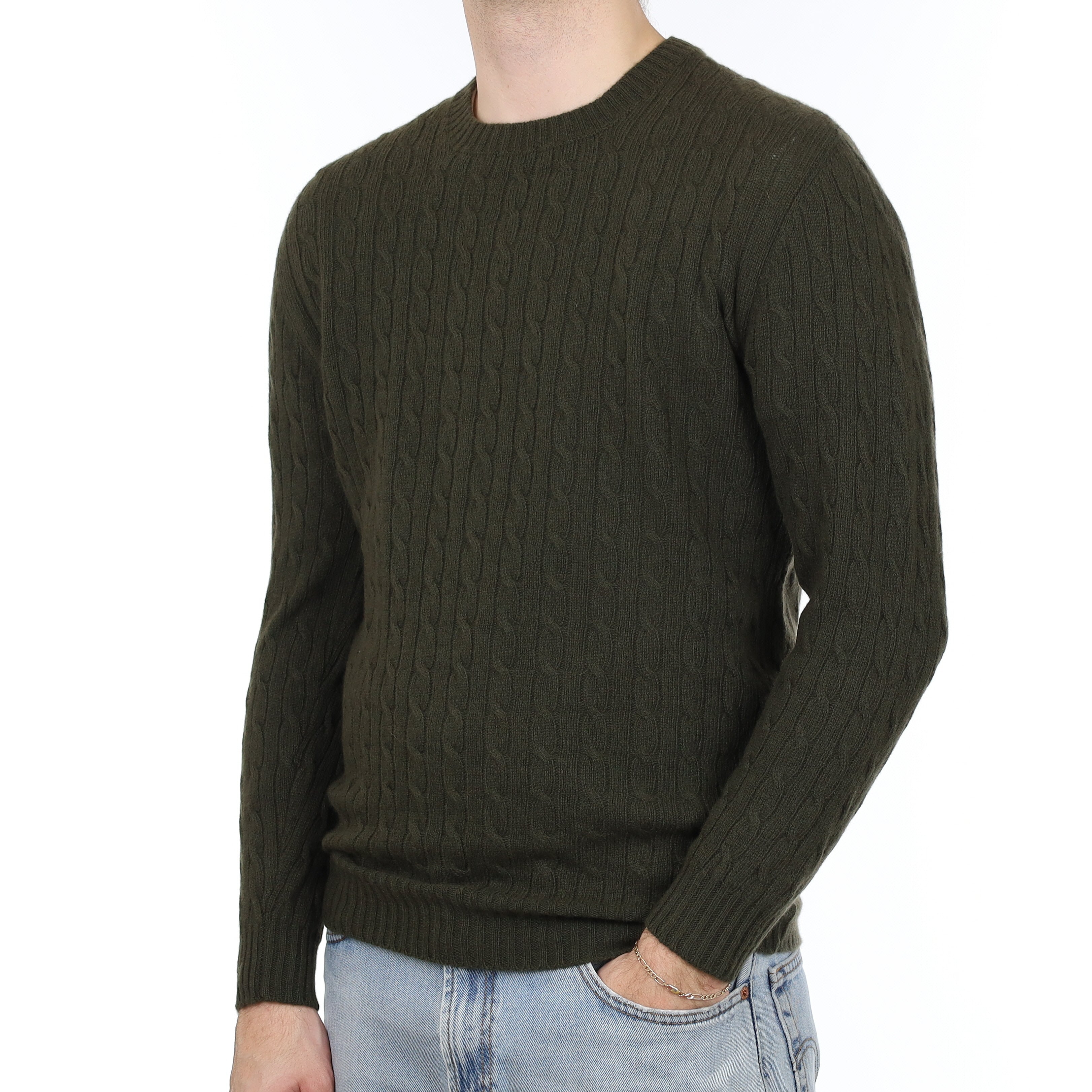 Men's Brand New Scottish Deep Khaki Green Cable Cashmere Crew Neck Jumper Medium