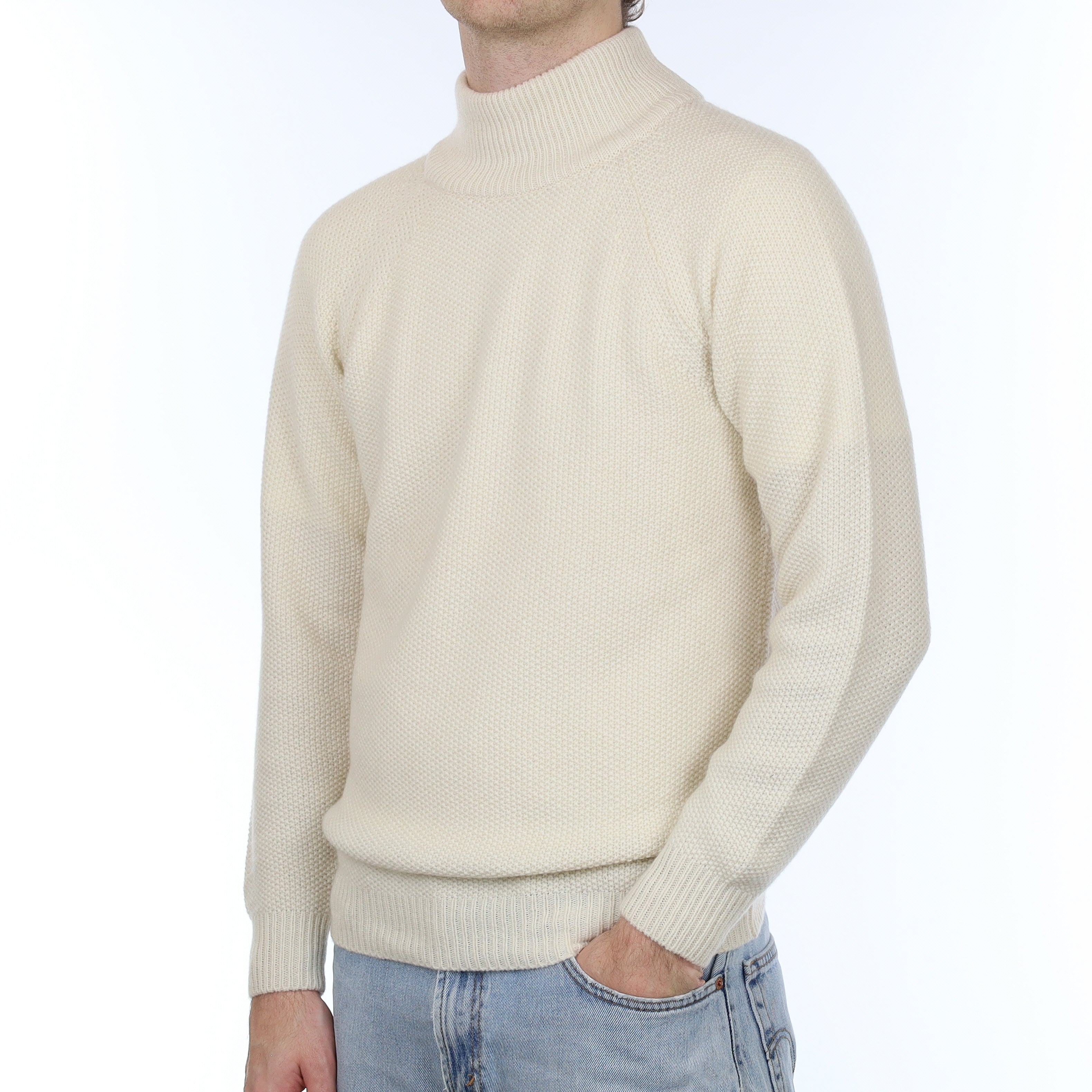 Men's Brand New Scottish Ivory Moss Knit Cashmere Turtle Neck Jumper Medium