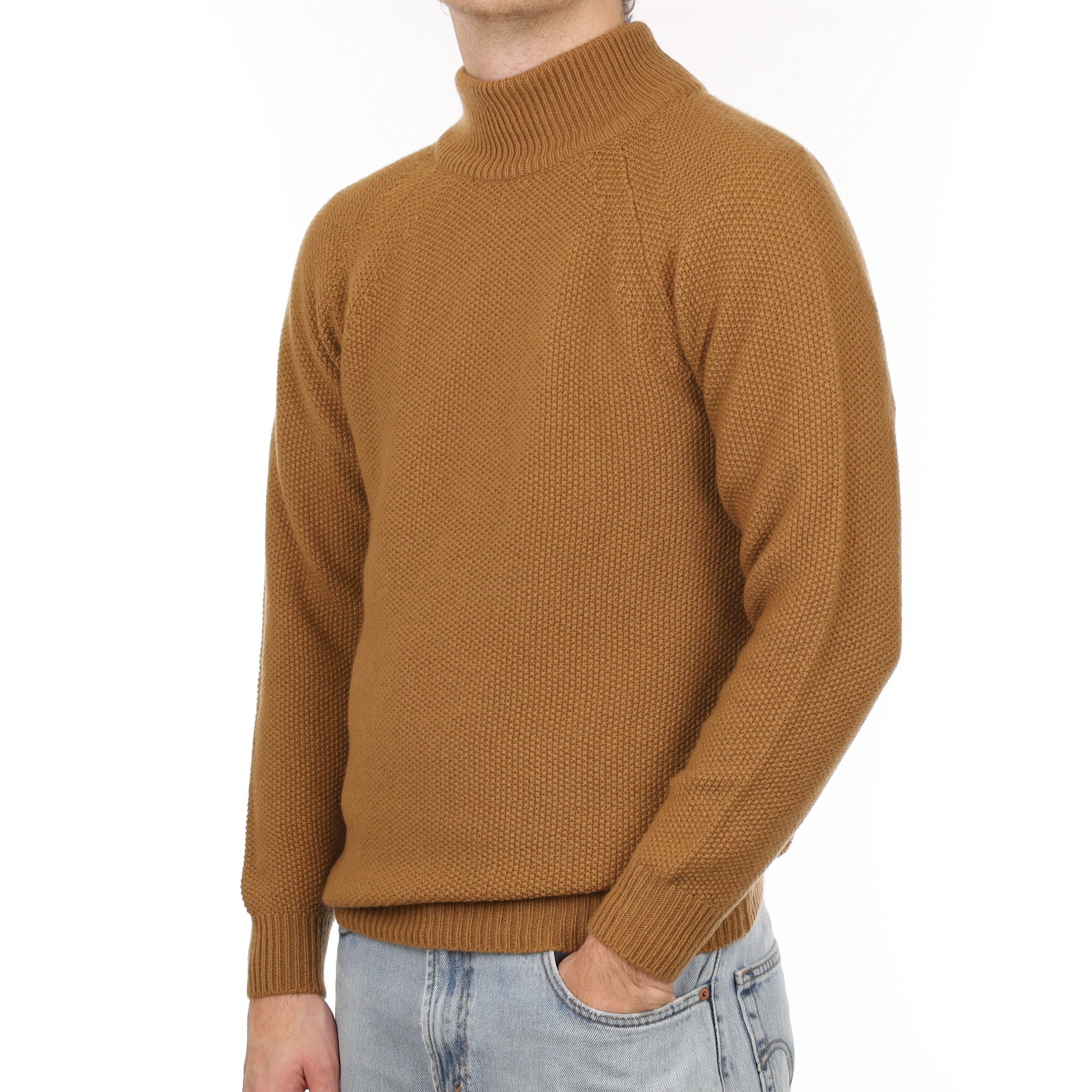Men's Brand New Scottish Toffee Brown Moss Knit Cashmere Turtle Neck Jumper Medium
