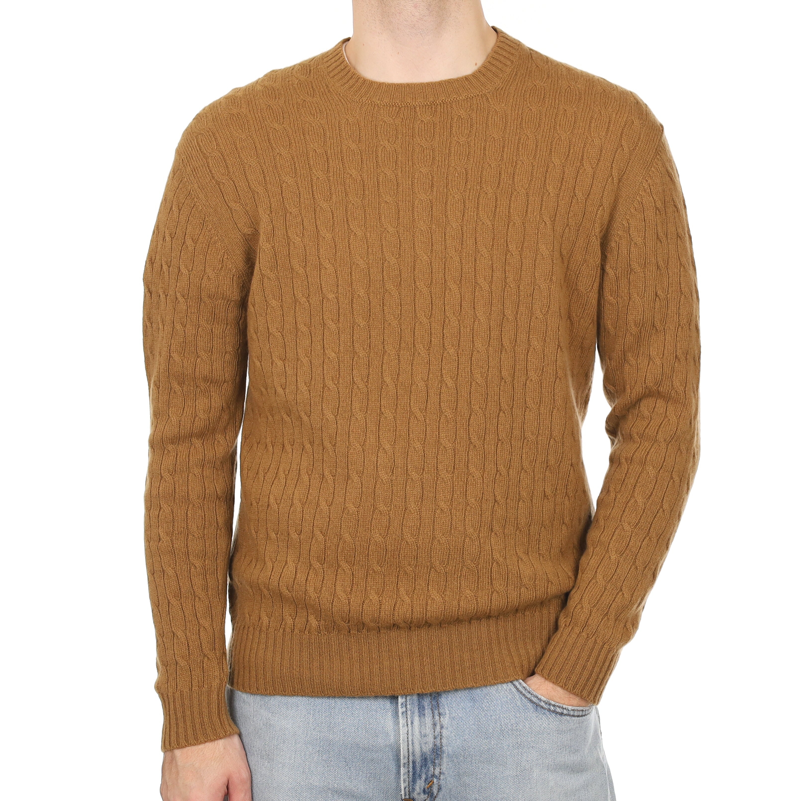 Men's Brand New Scottish Toffee Brown Cable Cashmere Crew Neck Jumper Medium