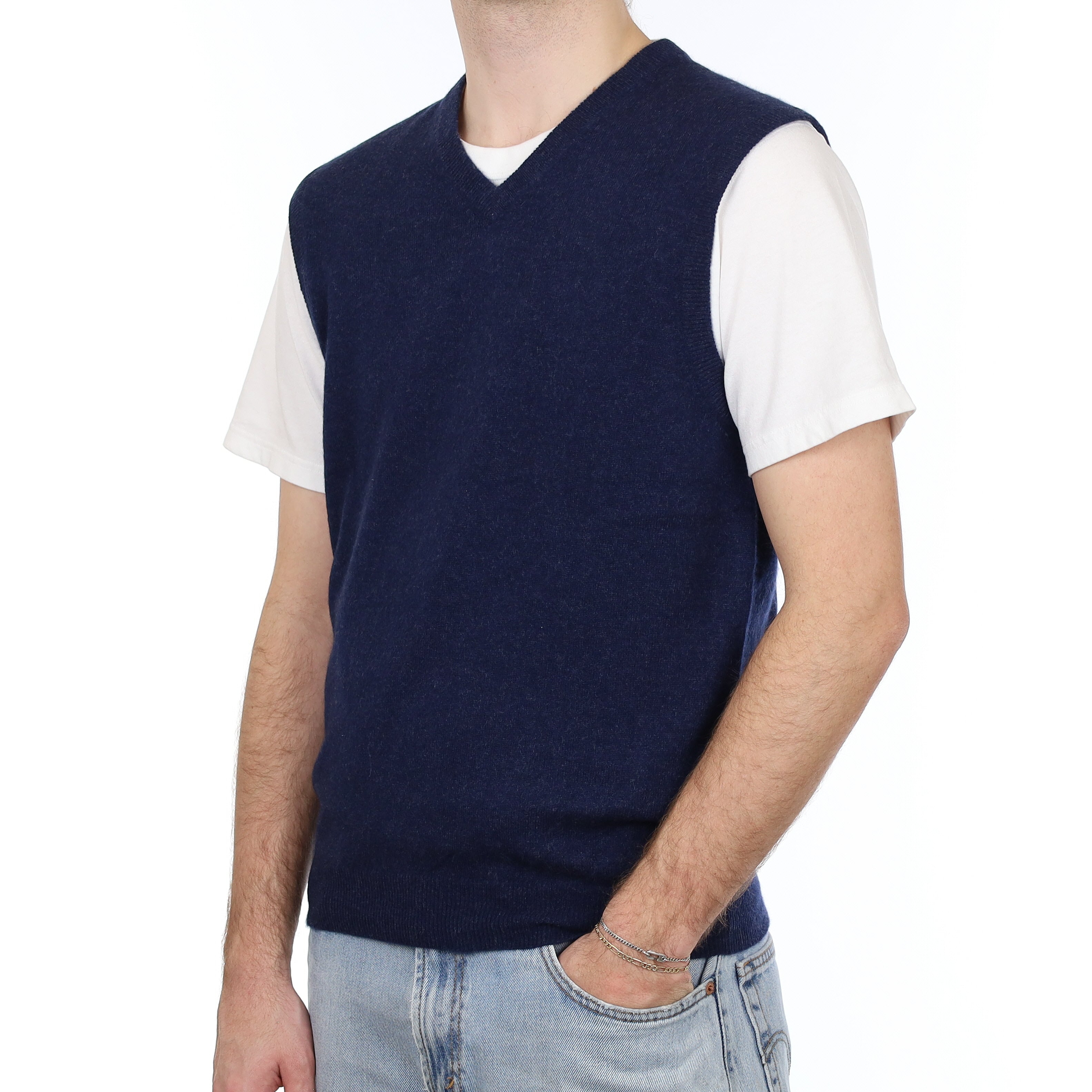 Men's Midnight Blue Marl Cashmere V Neck Tank Top Medium