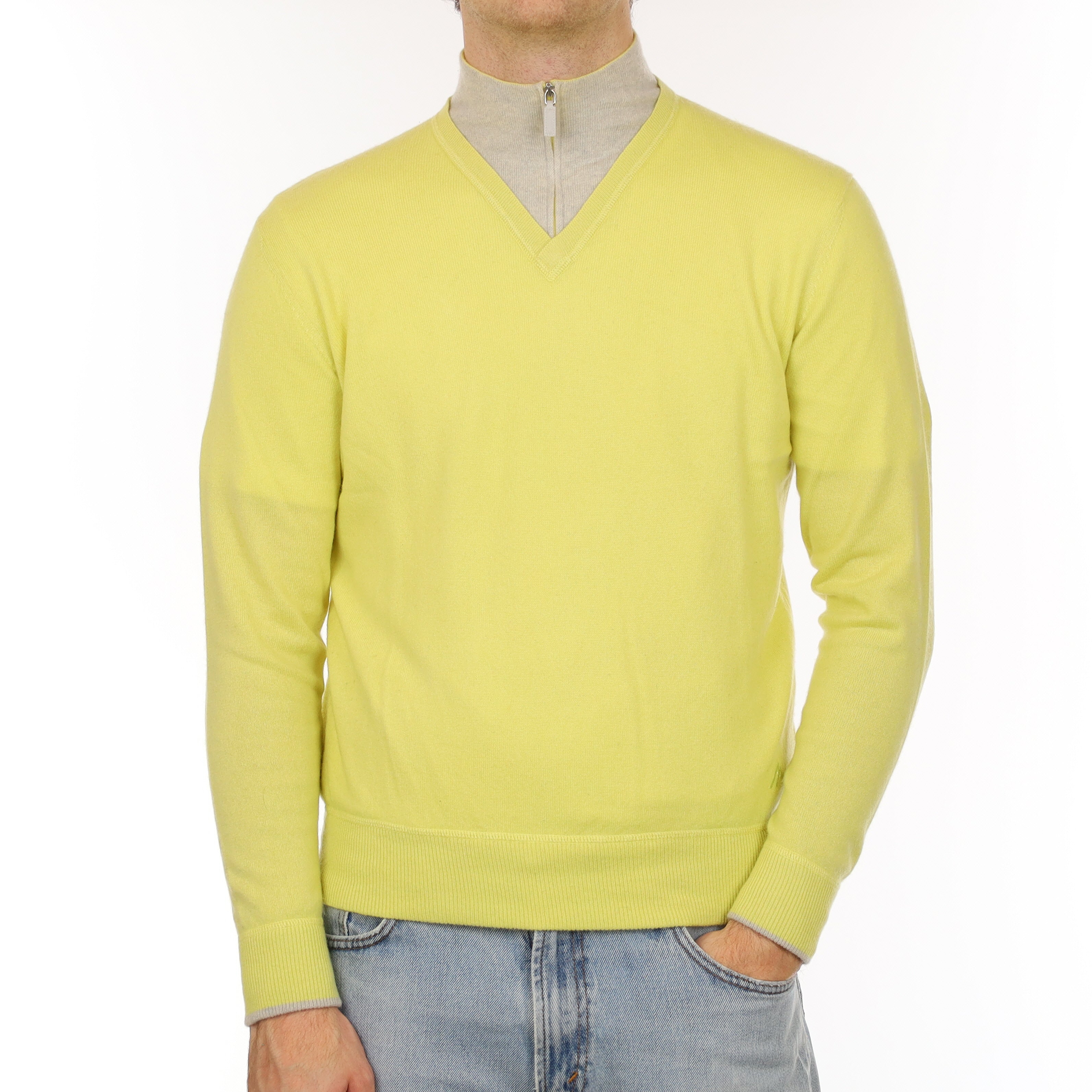 Men's Italian Primrose Yellow and Frost Grey Cashmere 1/4 Zip Jumper Medium