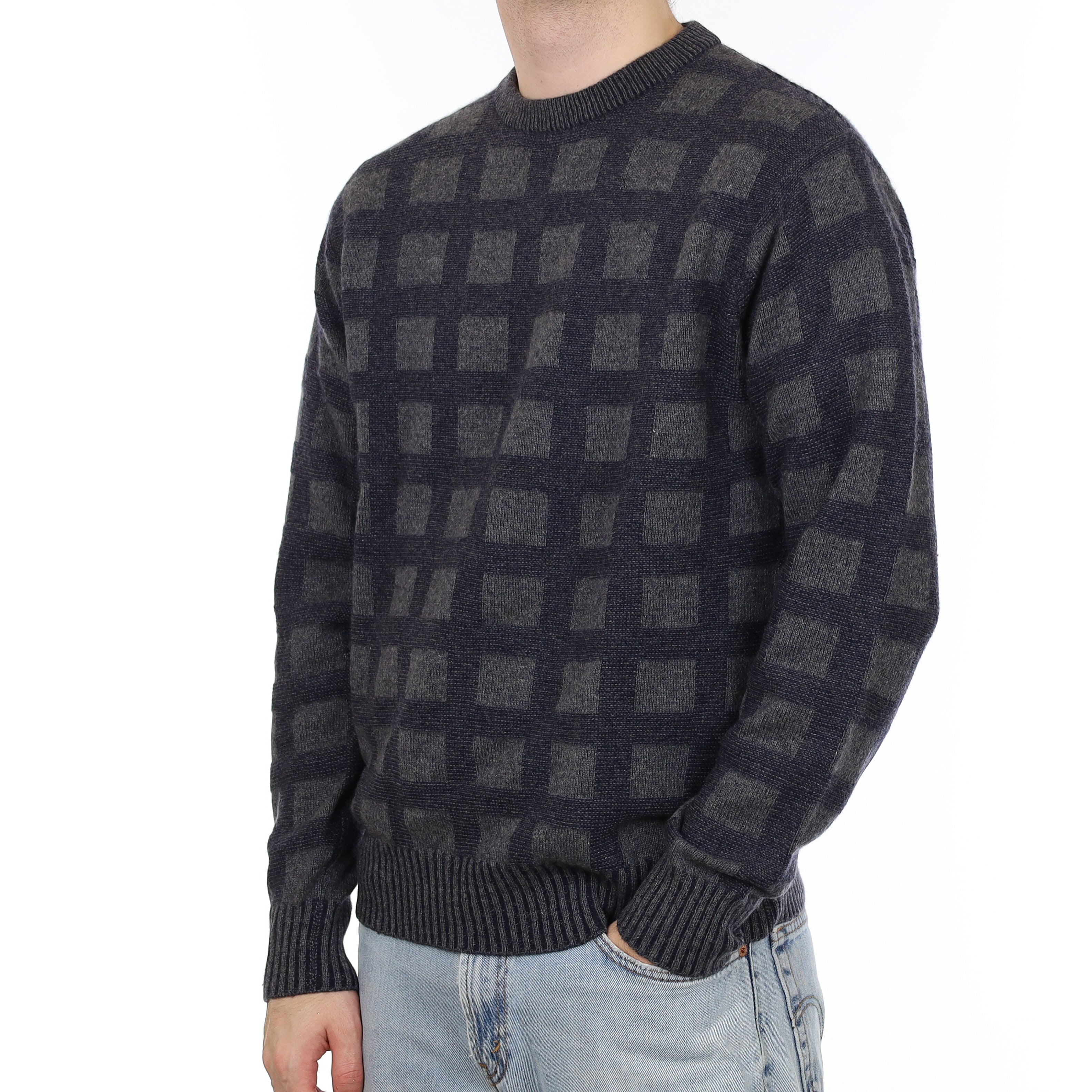Men's Grey and Navy Block Pattern Cashmere Crew Neck Jumper Medium