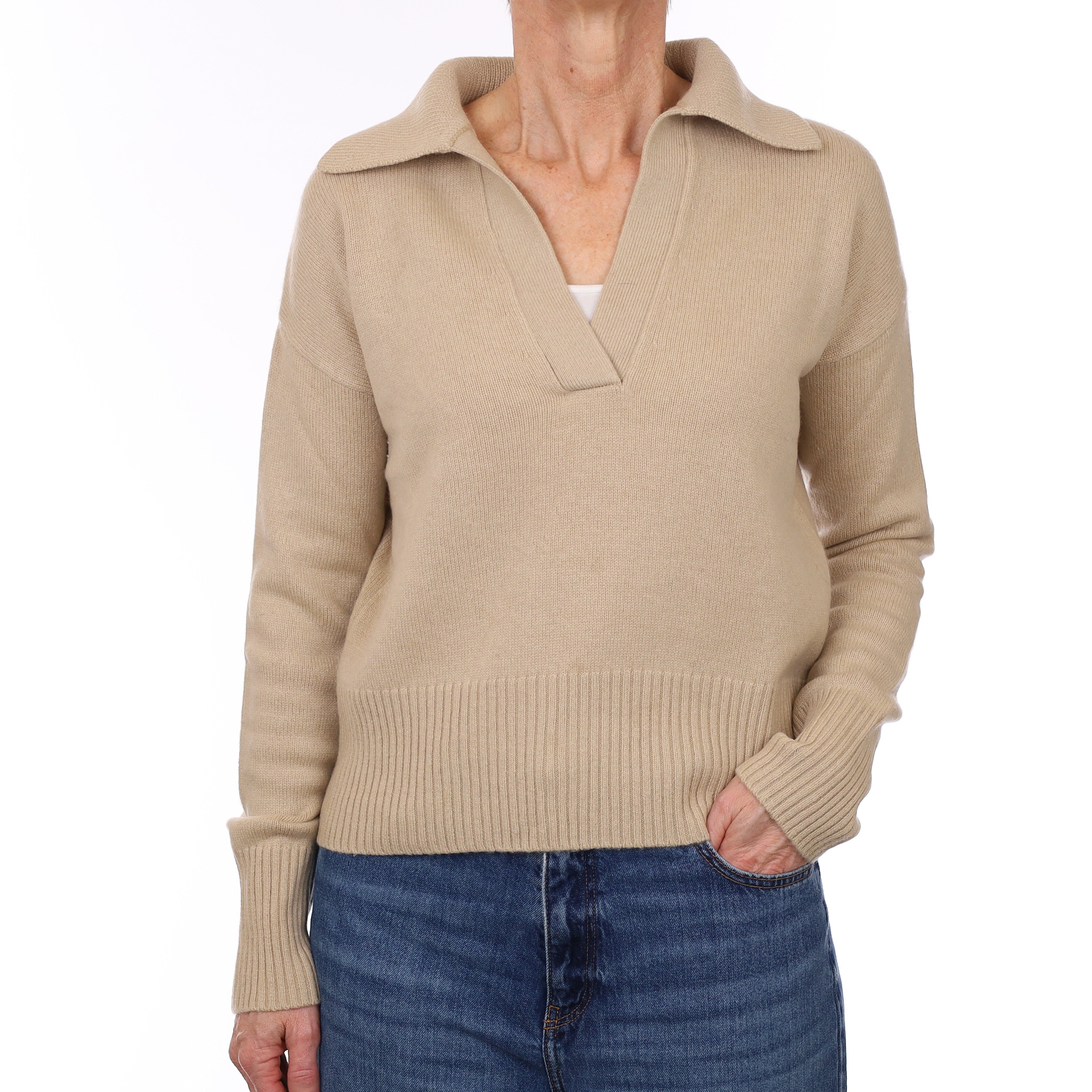 Fawn Heavy Knit Cashmere Collared V Neck Jumper Small