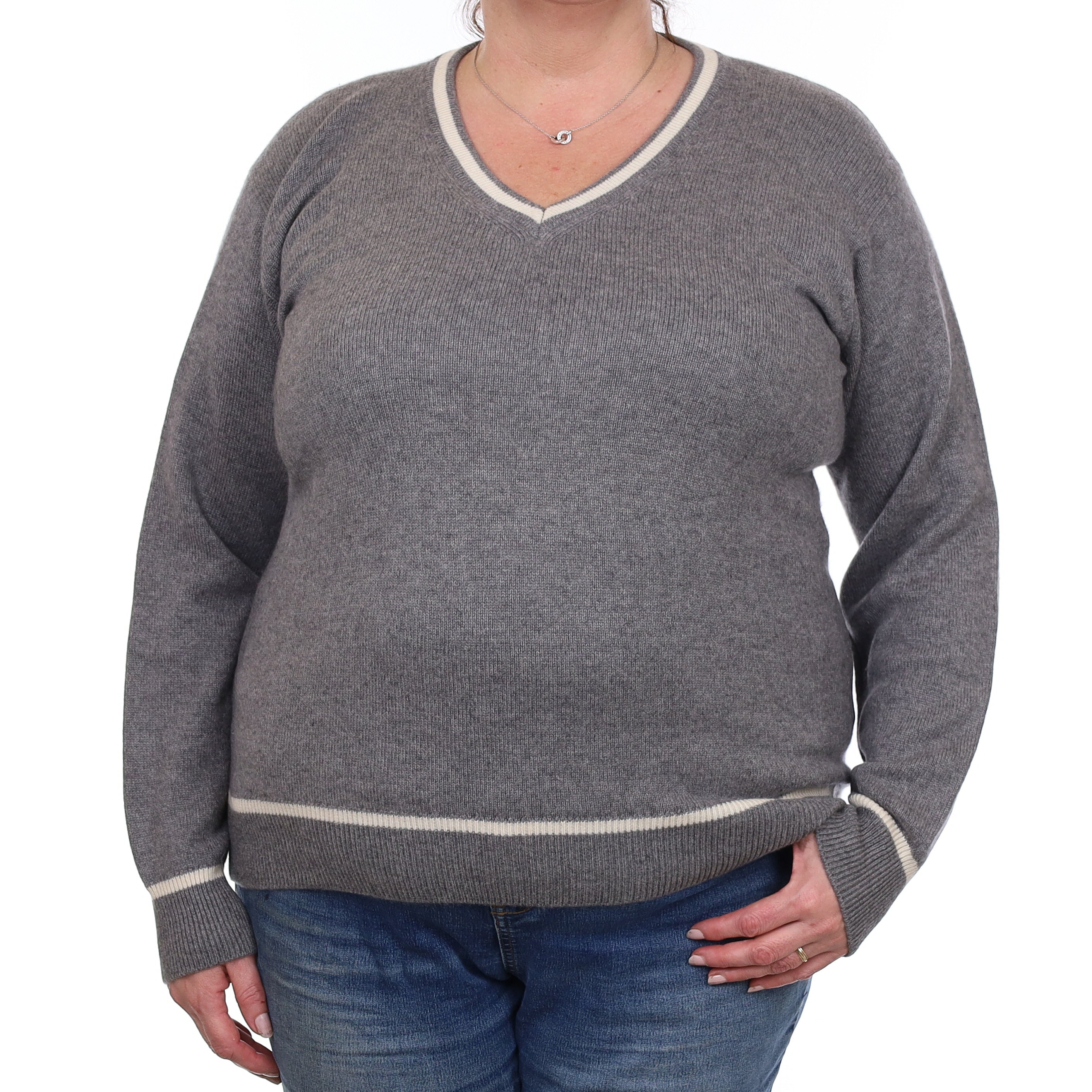 André Maurice Ash Grey Heavy Knit Cashmere V Neck Jumper Extra Large