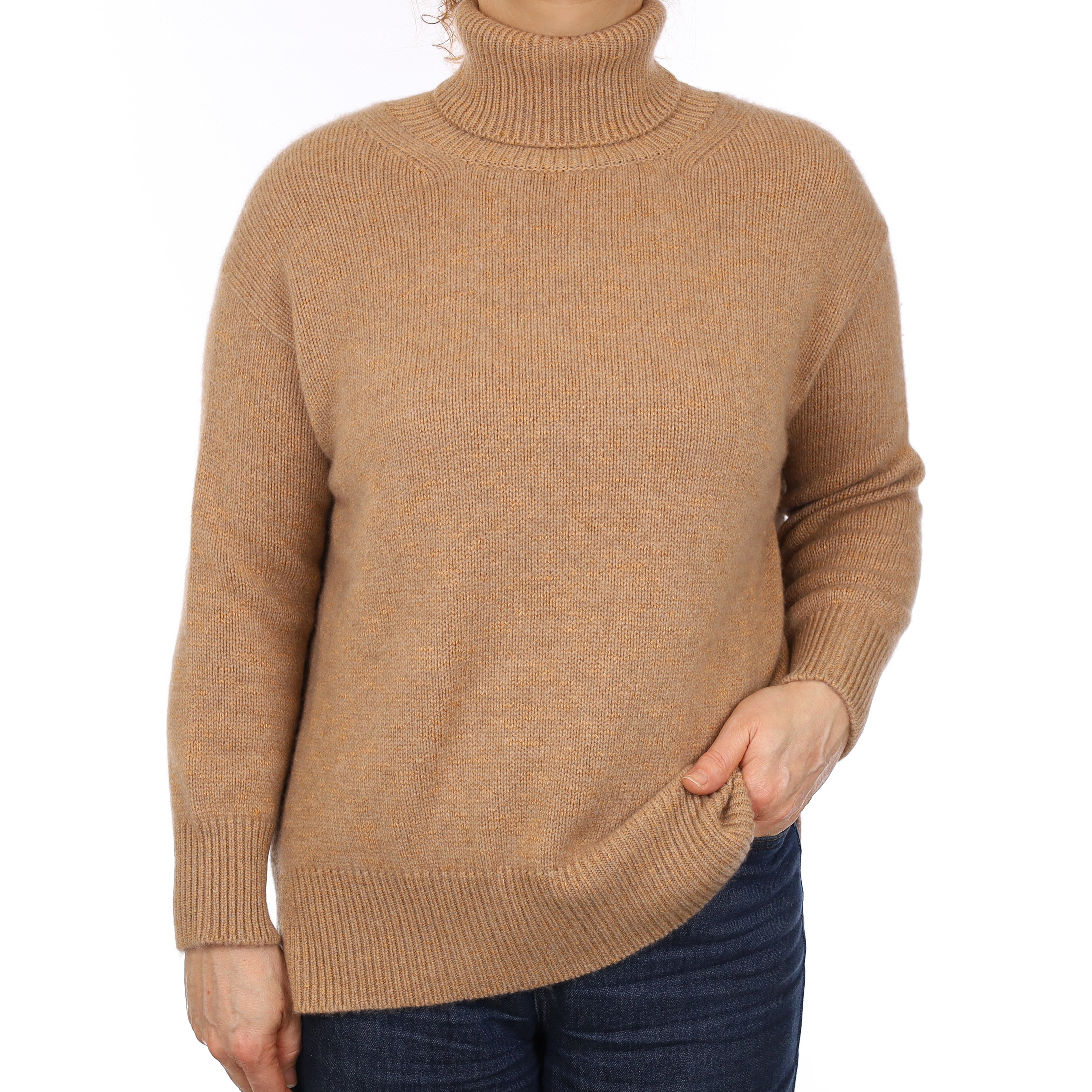 Brand New Scottish Begg & Co Camel Marl Chunky Cashmere Polo Neck Jumper Medium