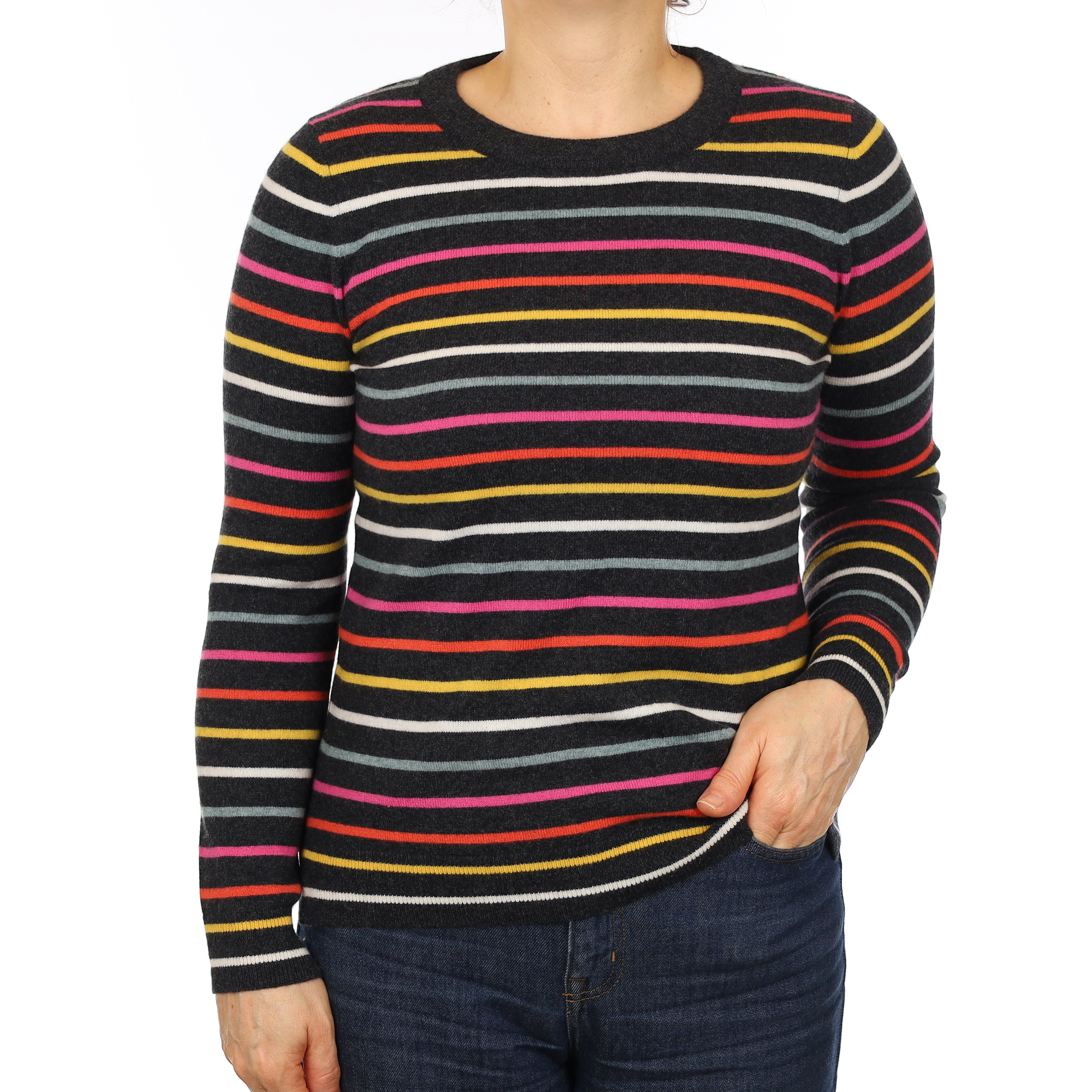 Brand New Charcoal Colourful Stripe Cashmere Crew Neck Jumper Medium