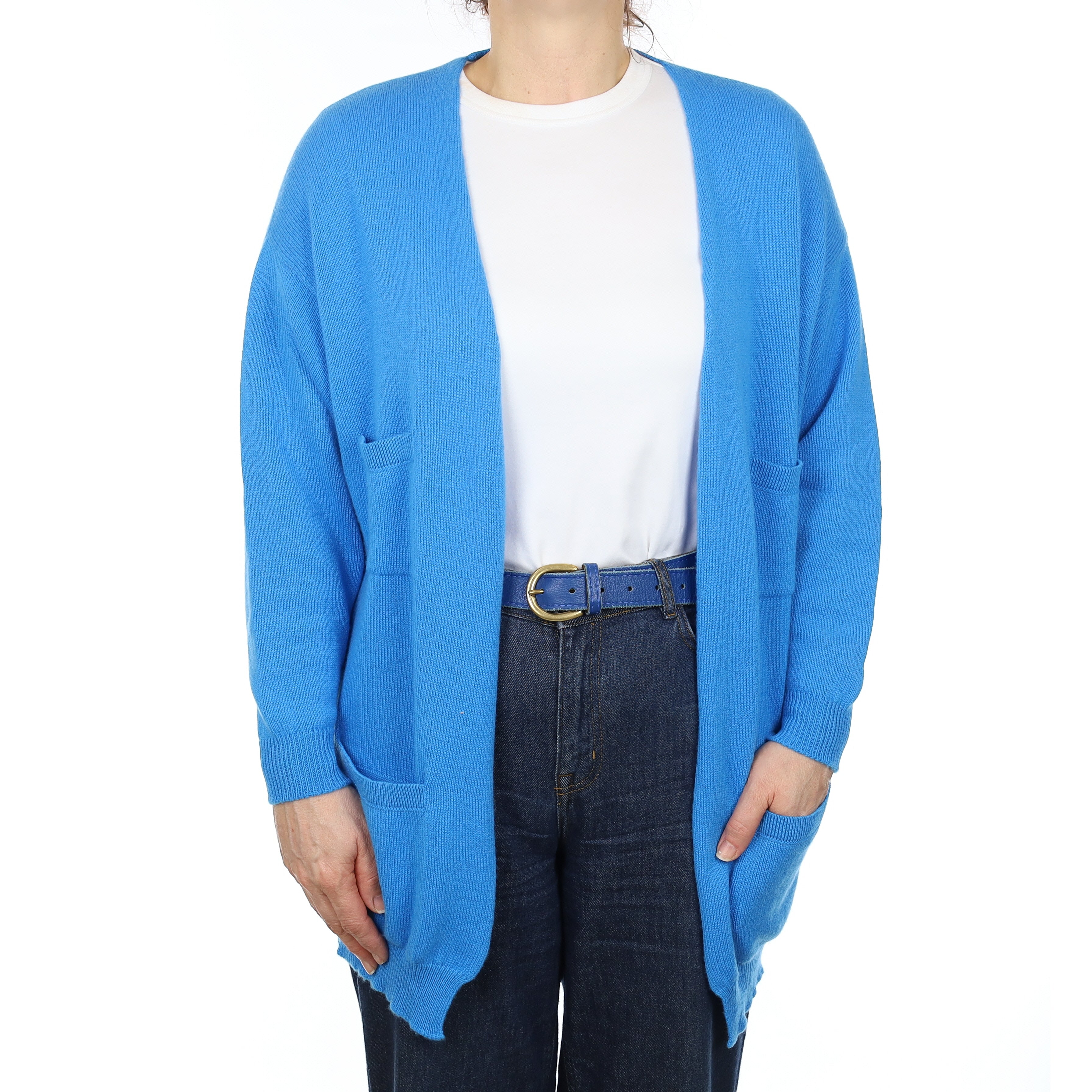 Brand New Scott & Charters Capri Blue Cashmere Edge to Edge Cardigan Medium