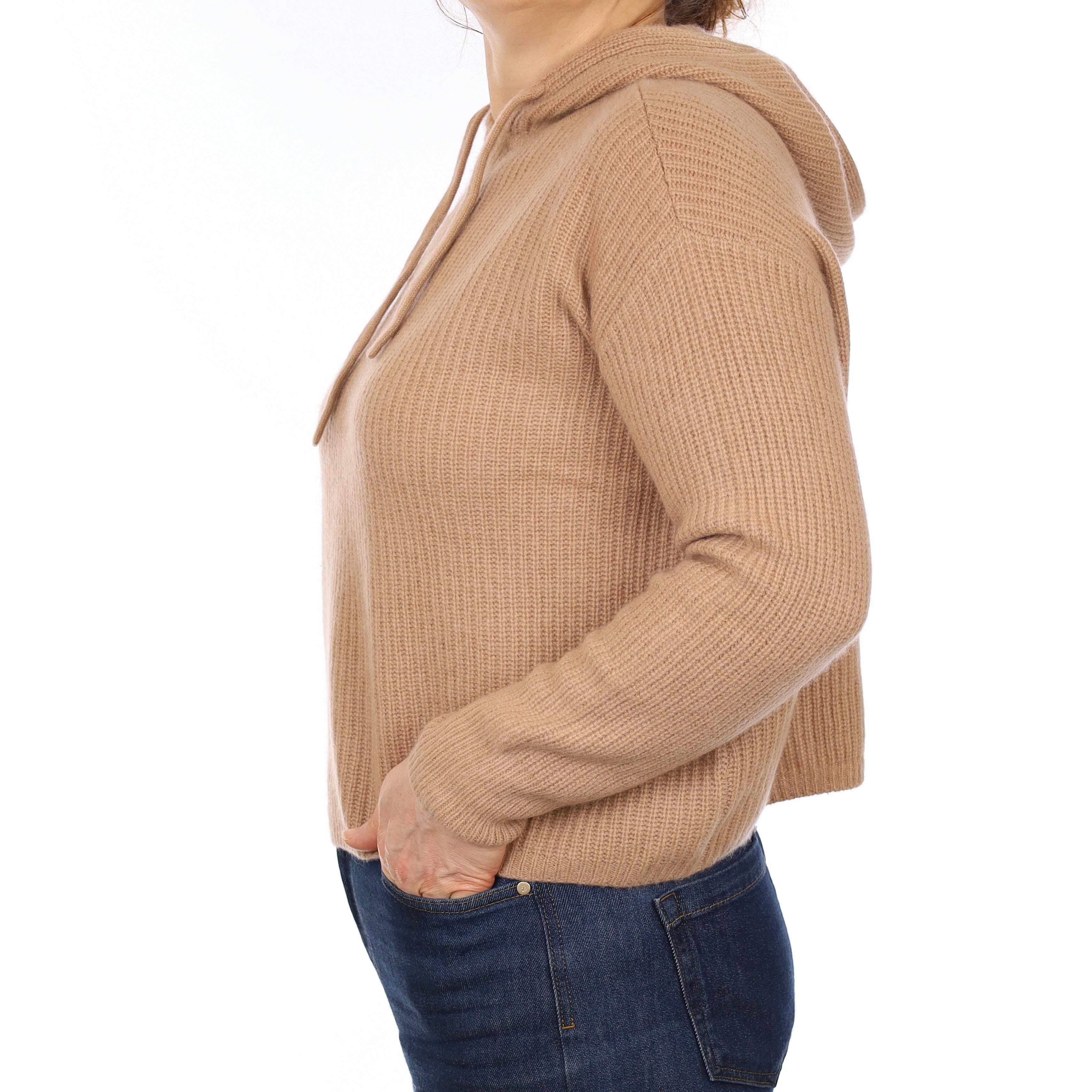 Caramel Brown Chunky Rib Cashmere Hoodie Jumper Medium