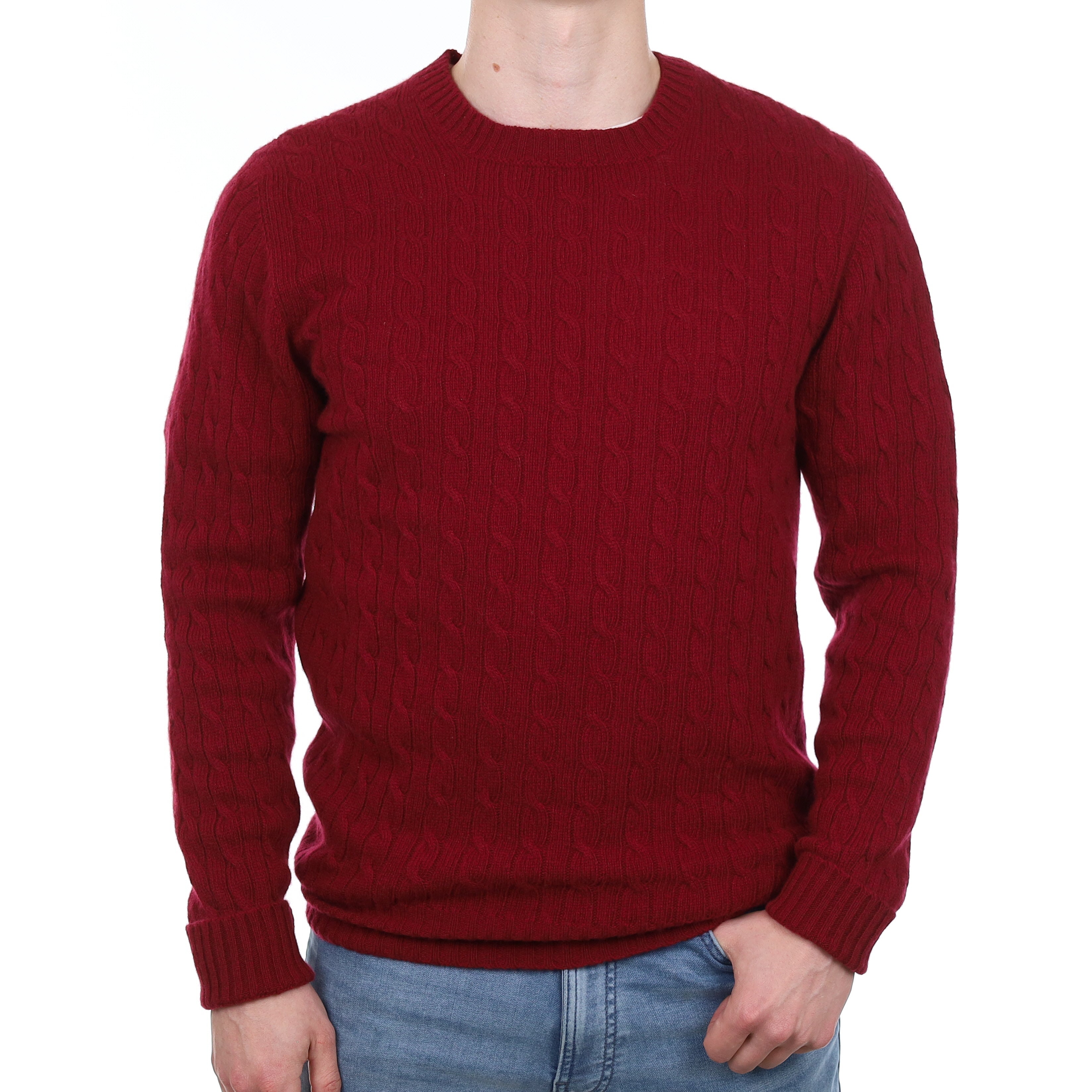 Men's Brand New Scottish Burgundy Red Cable Cashmere Crew Neck Jumper Small