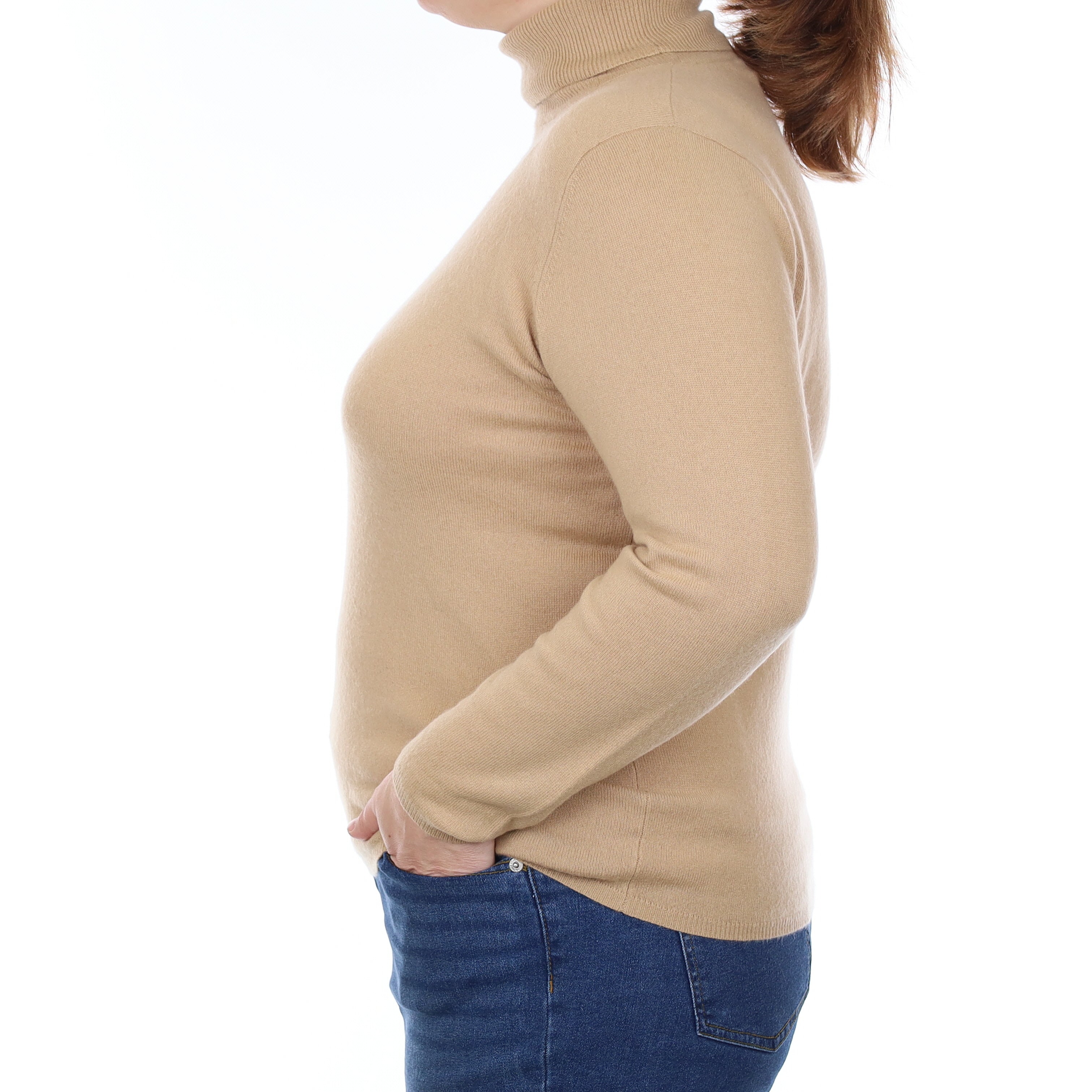 Camel Brown Cashmere Polo Neck Jumper Large