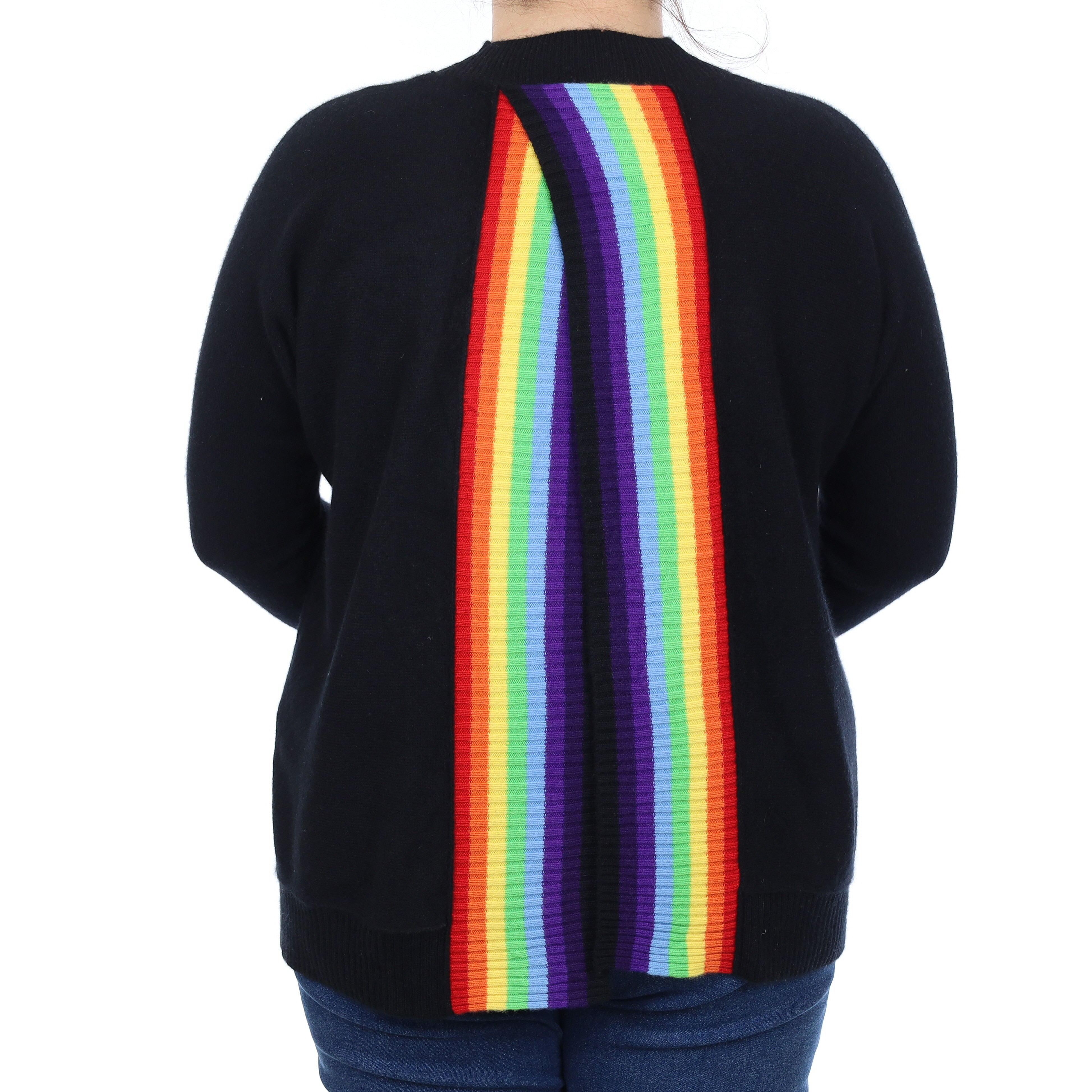 Black Rainbow Trim Open Back Cashmere Turtleneck Jumper Large