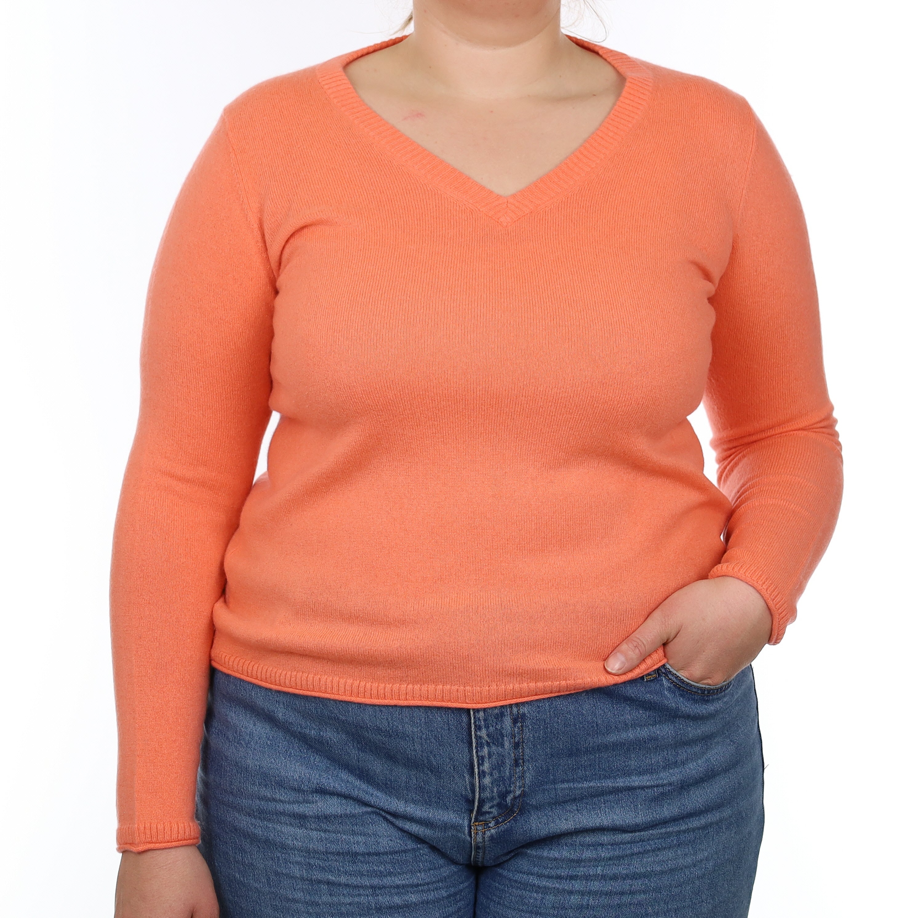 Coral Orange Cashmere V Neck Jumper Large