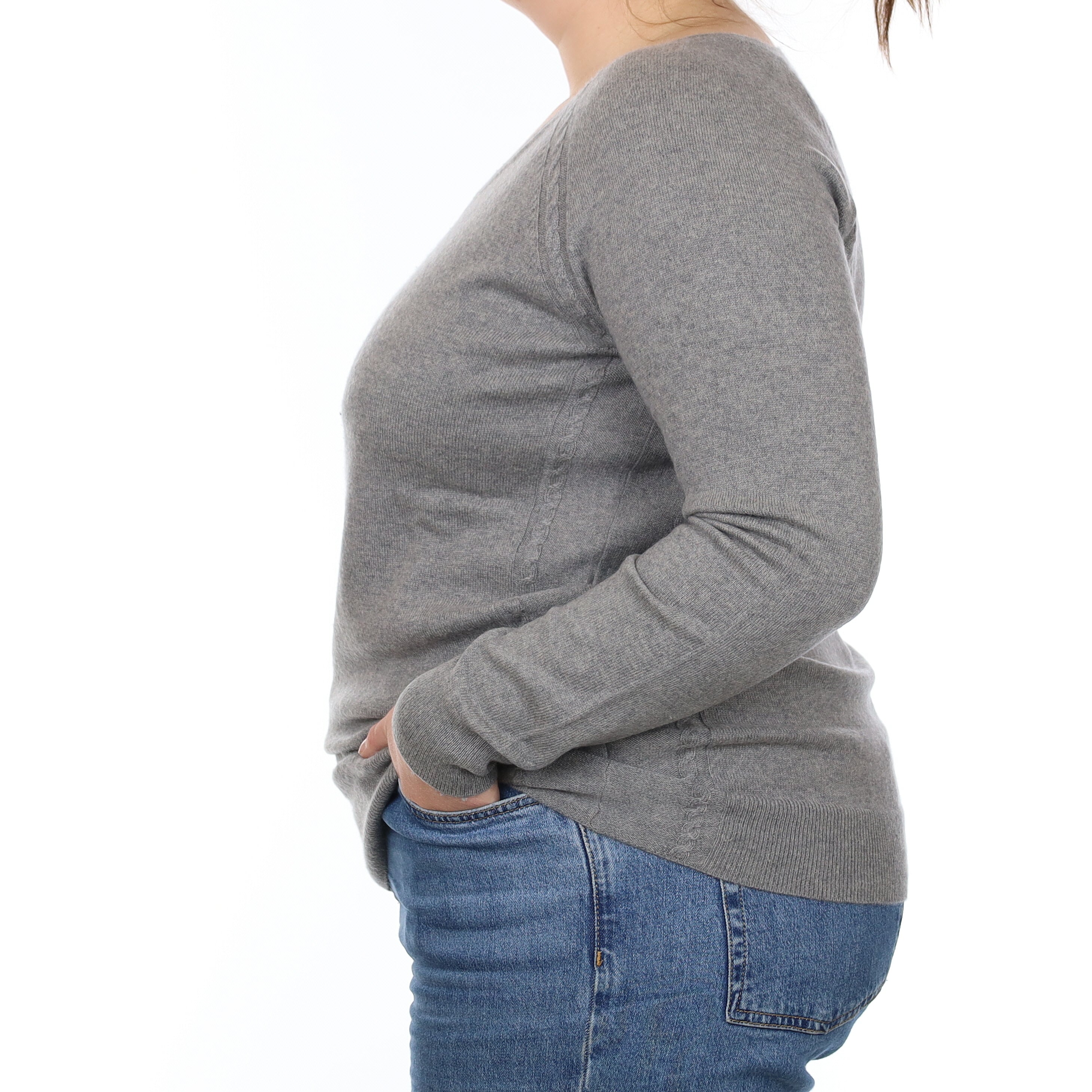 Ash Grey Cable Detail Cashmere V Neck Jumper Large